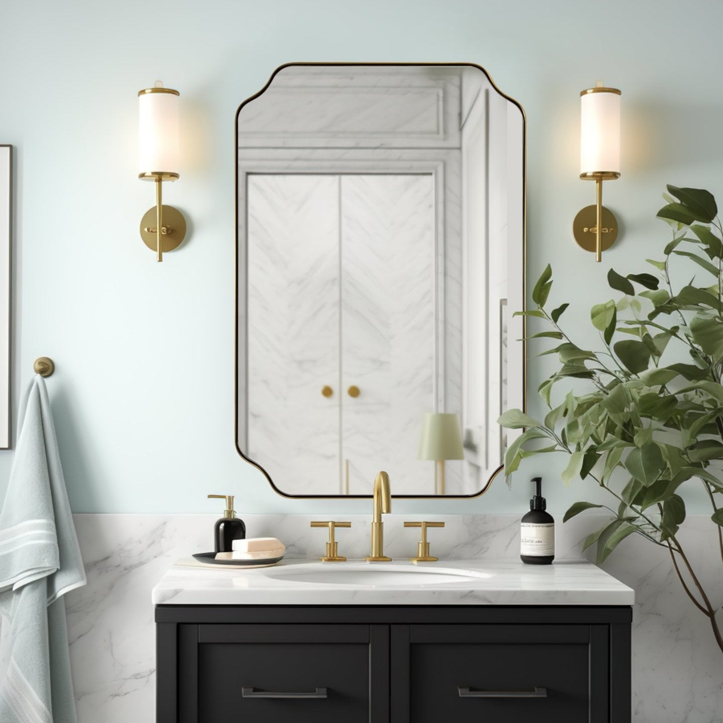 Contemporary Rounded Notched Corner Irregular Scalloped Mirror for Wall /Bathroom | Stainless Steel Frame