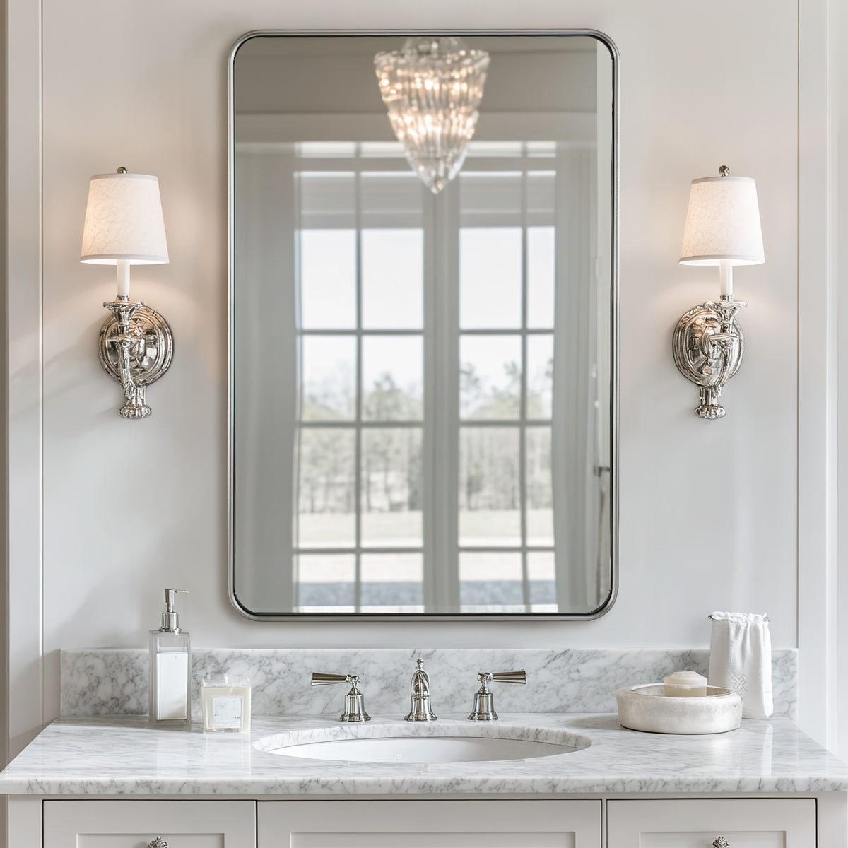 Contemporary Rounded Rectangular Bathroom Wall Mirror| Aluminum U-Tube Framed