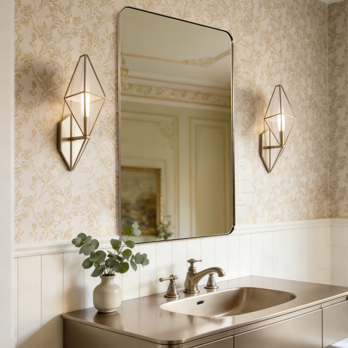 Modern Rounded Rectangle Mirror for Bathroom/ Vanity/ Wall | Stainless Steel Frame