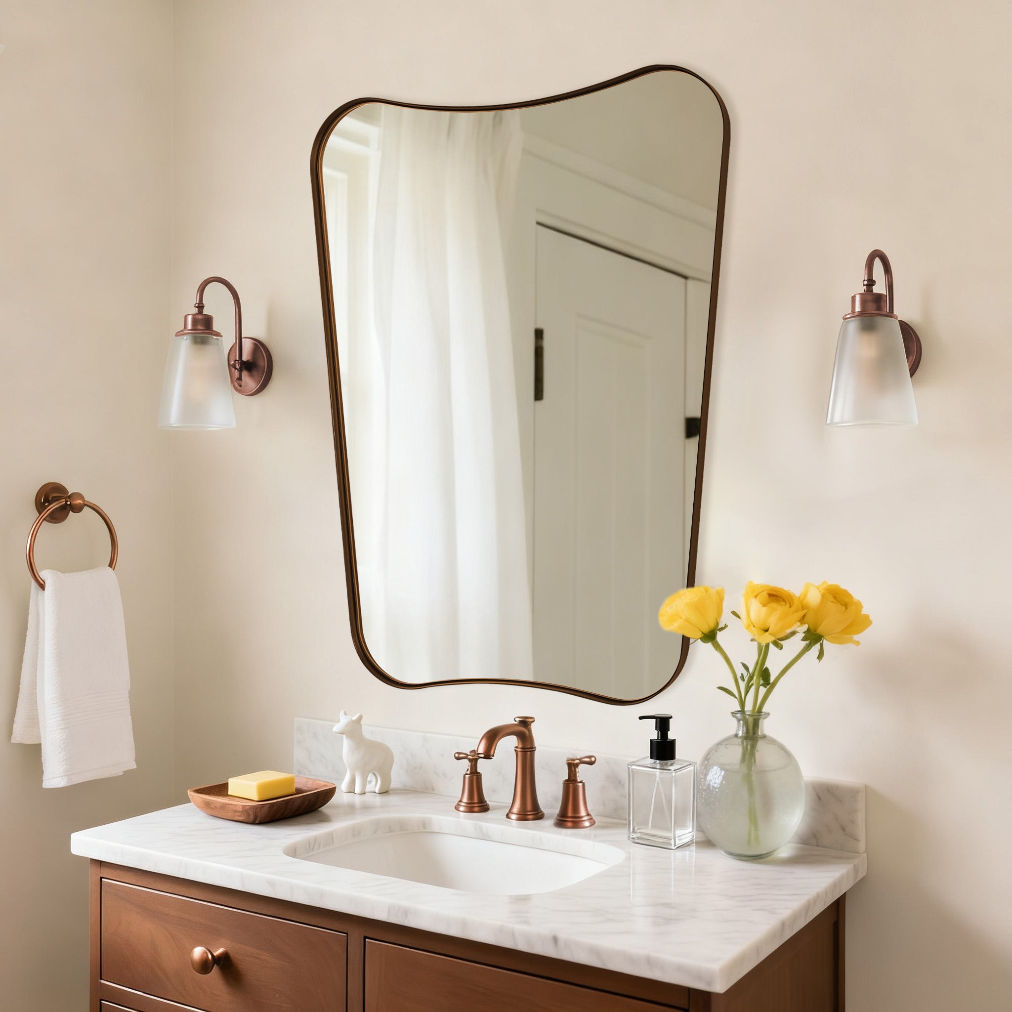 Contemporary Asymmetrical Irregular Wall Mirror for Bathroom |Stainless Steel Frame