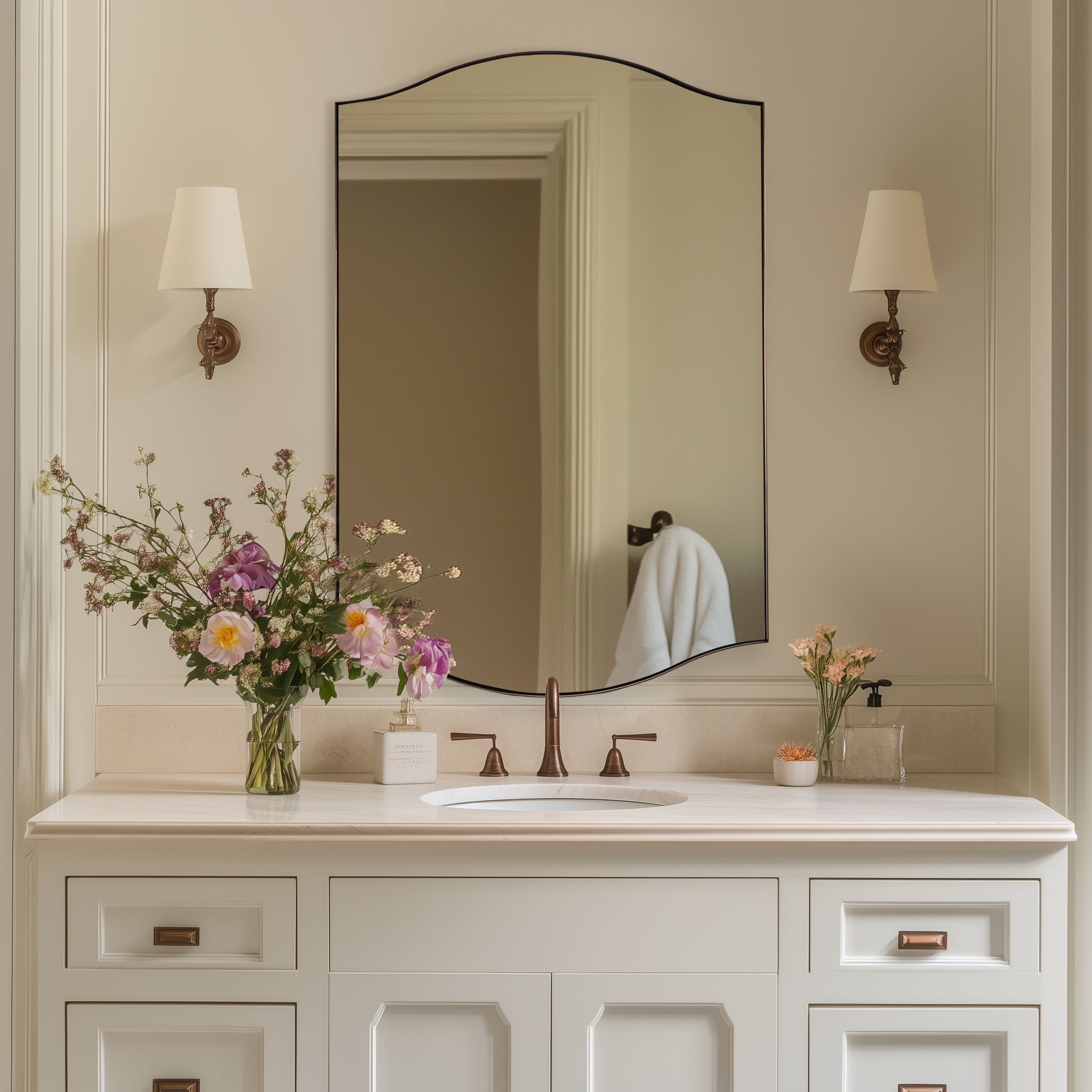 Dual Curve Arch Rectangular Scalloped Bathroom Wall Mirror |Stainless Steel Framed