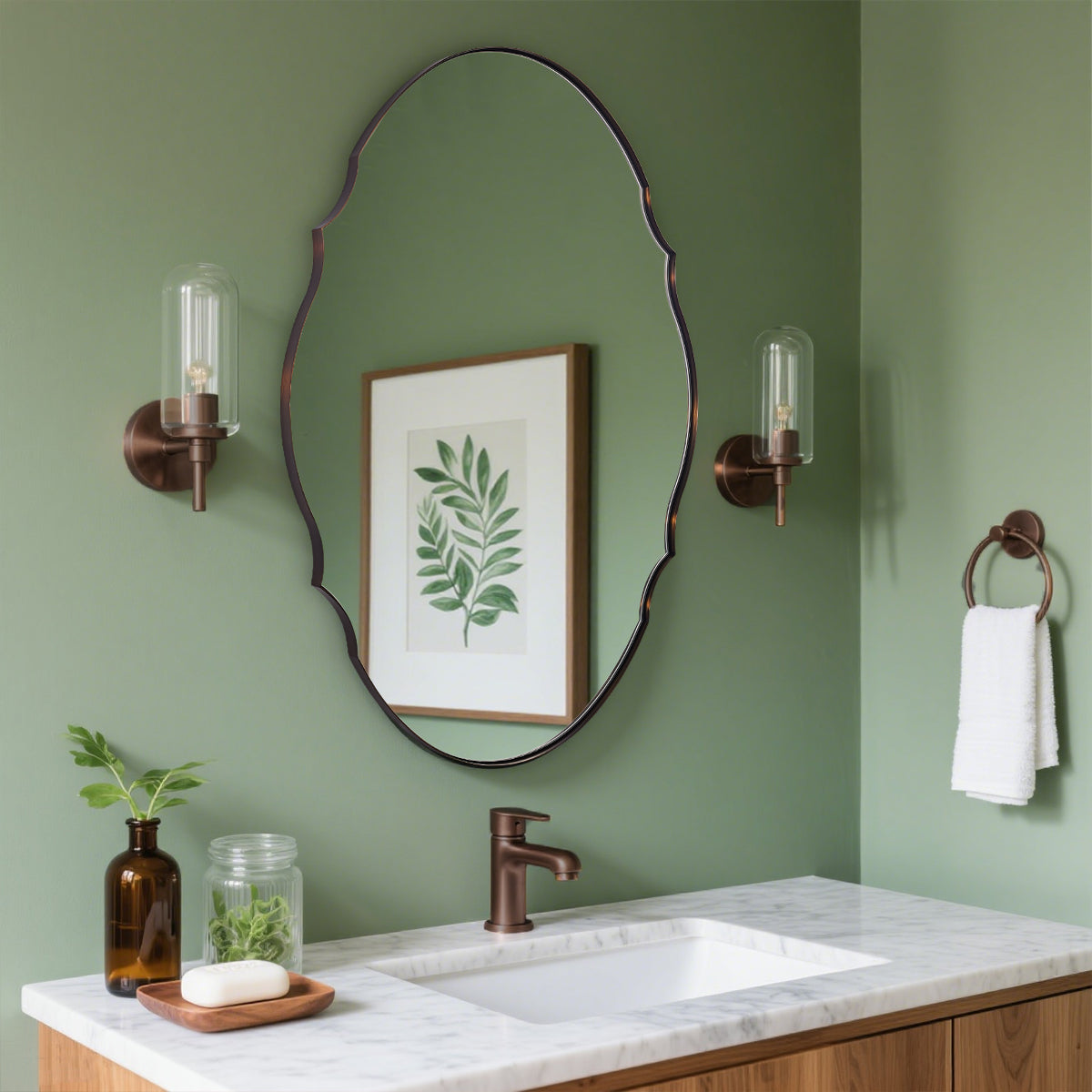Contemporary Oval Scalloped Wall Mirror Irregular Bathroom Vanity Mirror| Stainless Steel Frame