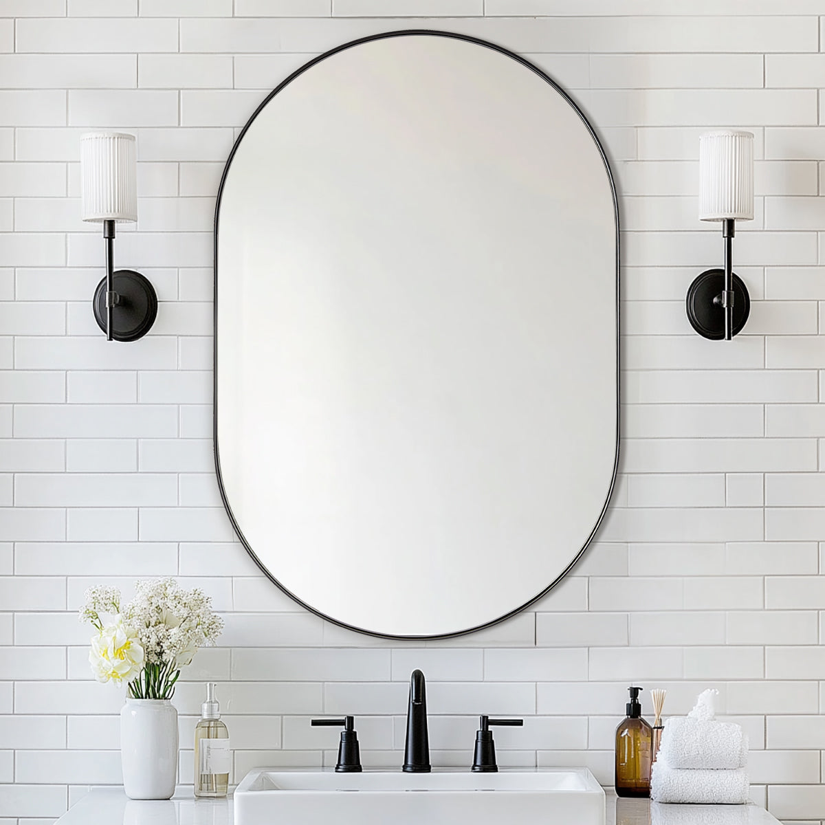 Modern Pill Shaped Capsule Wall Mirrors Long Oval Bathroom Vanity Mirror | Stainless Steel Frame