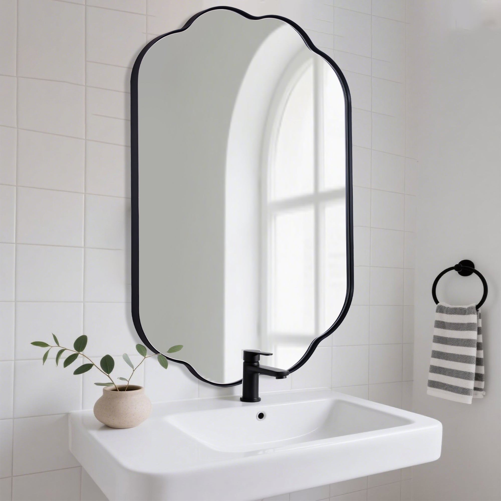 Contemporary Pill Shaped Long Oval Scalloped Bathroom Vanity Wall Mirror| Stainless Steel Framed