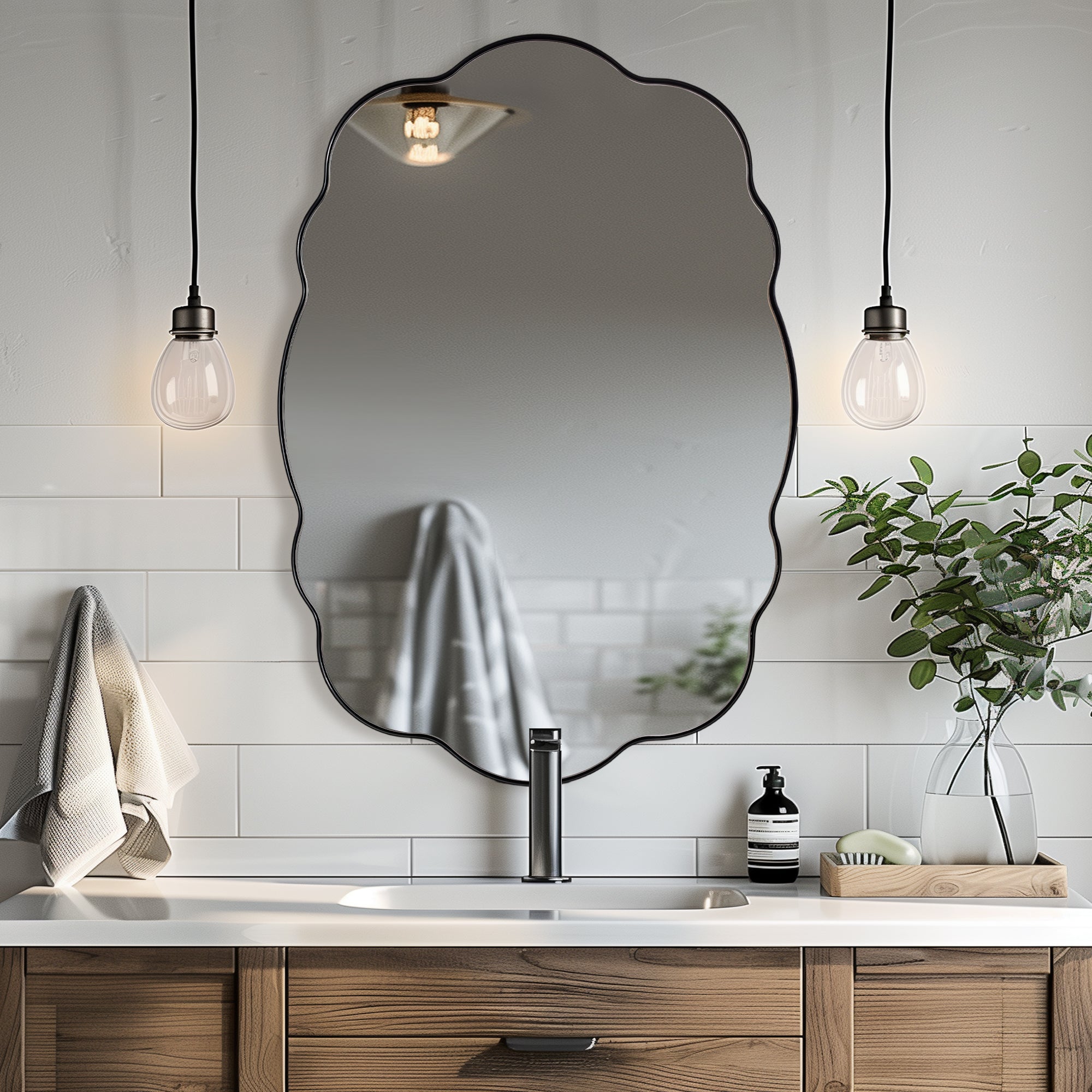 Contemporary Wavy Oval Scalloped Bathroom Vanity Mirror Irregular Organic Mirror| Stainless Steel Framed