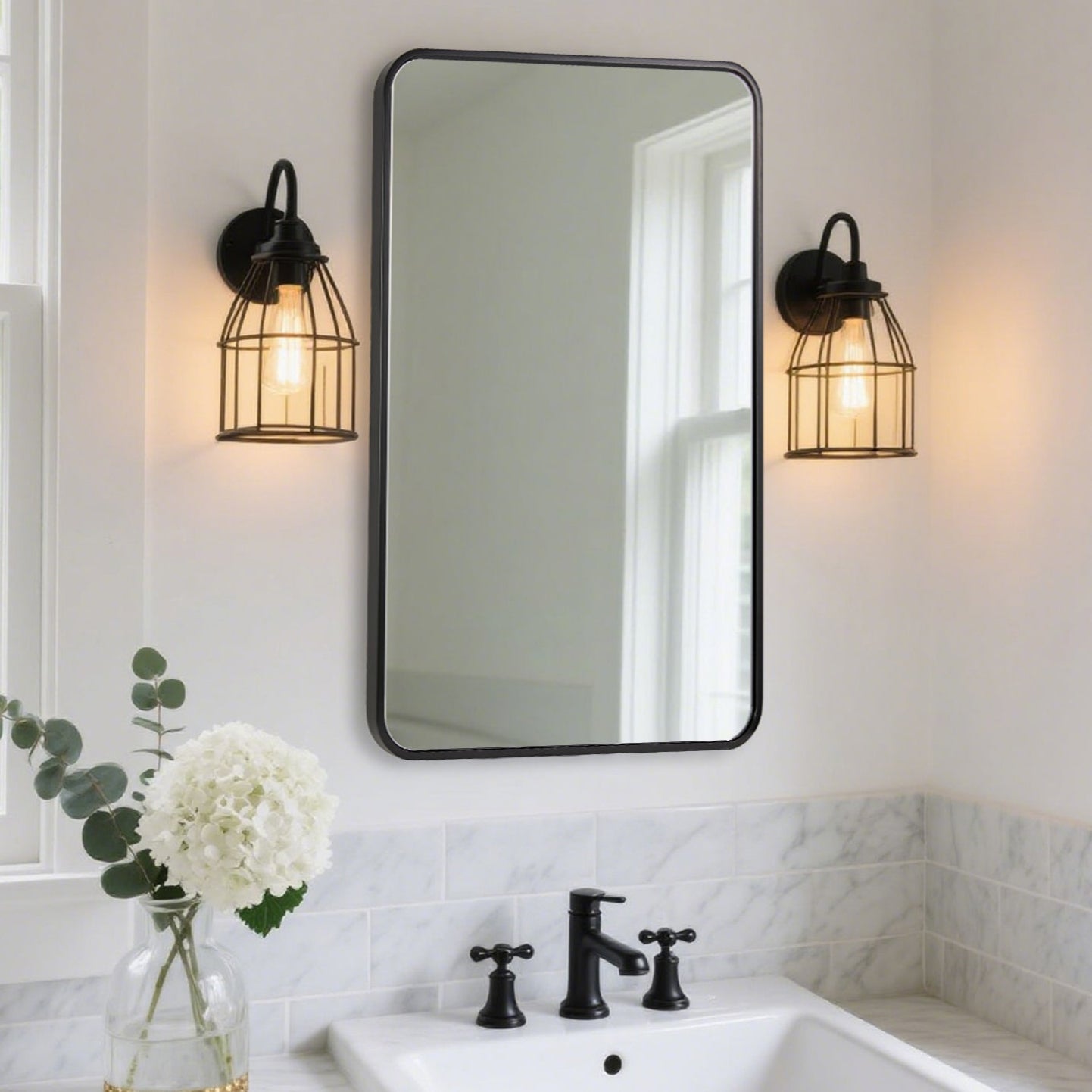 Modern Bold Stainless Steel Framed Rounded Rectangular Bathroom Wall Mirror