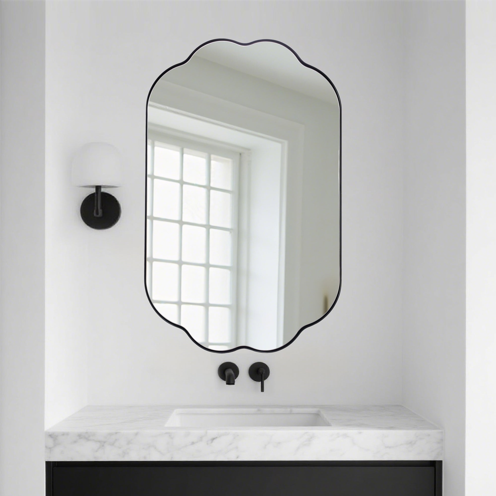 Contemporary Pill Shaped Long Oval Scalloped Bathroom Vanity Wall Mirror| Stainless Steel Framed