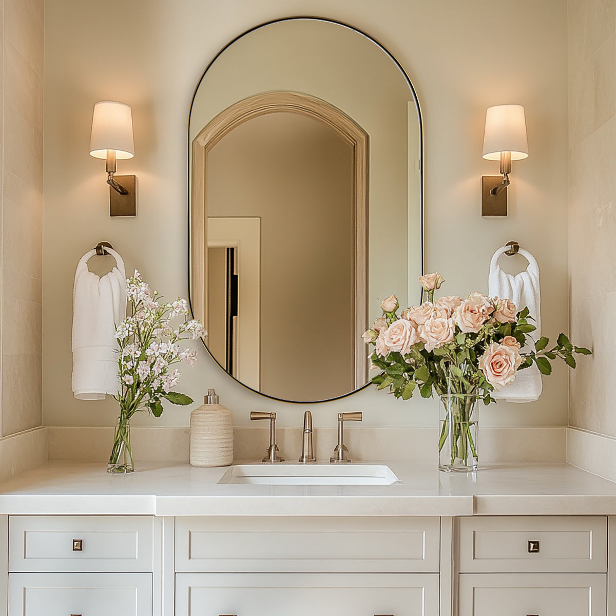 Modern Pill Shaped Capsule Wall Mirrors Long Oval Bathroom Vanity Mirror | Stainless Steel Frame