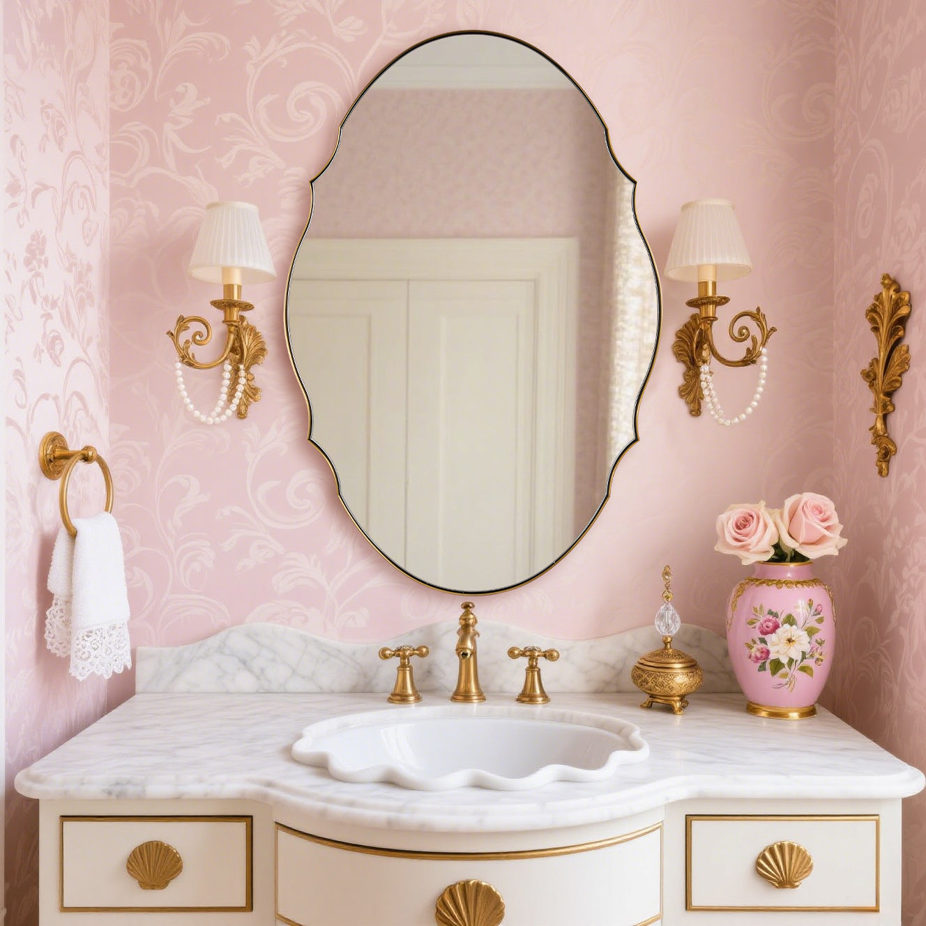 Contemporary Oval Scalloped Wall Mirror Irregular Bathroom Vanity Mirror| Stainless Steel Frame