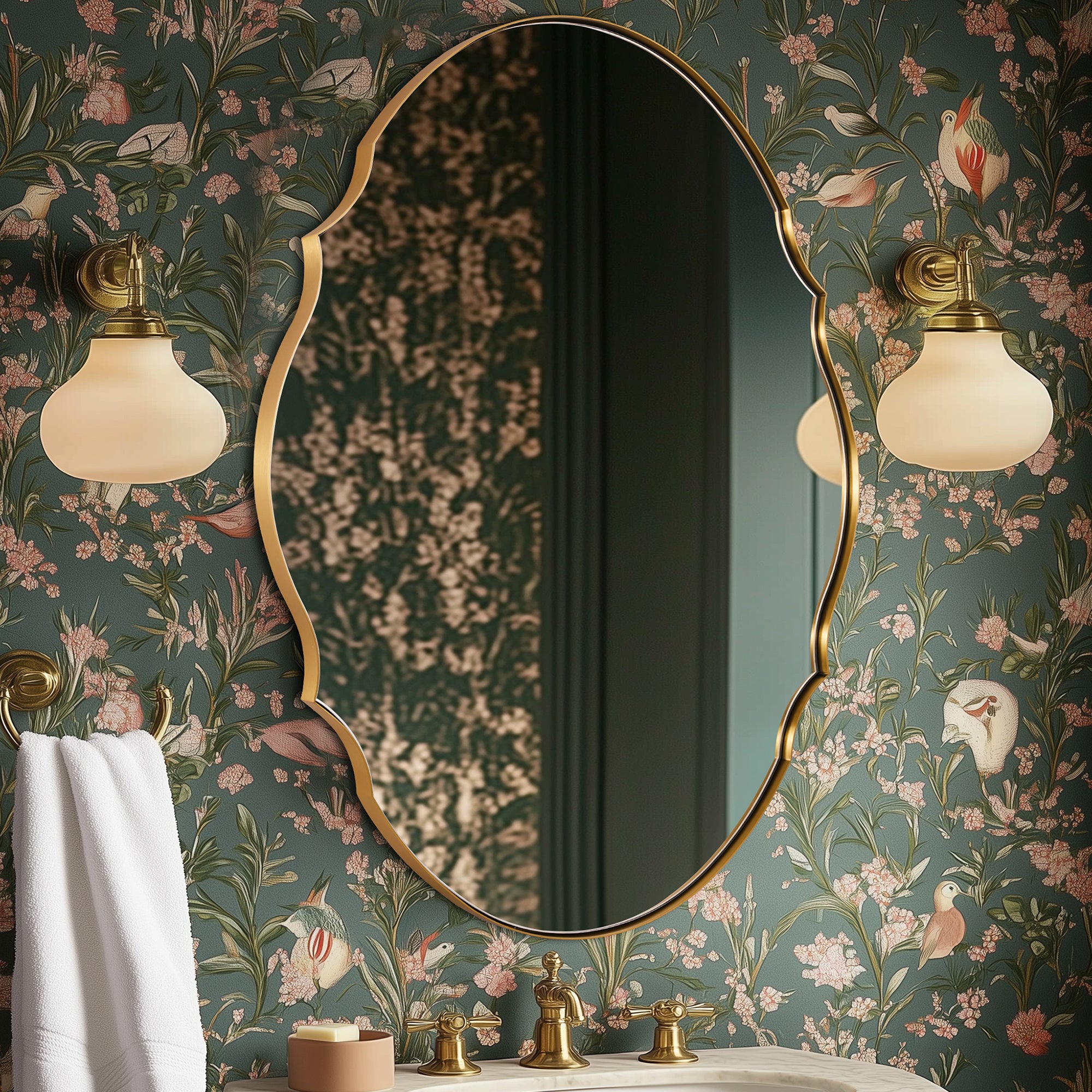 Contemporary Oval Scalloped Wall Mirror Irregular Bathroom Vanity Mirror| Stainless Steel Frame