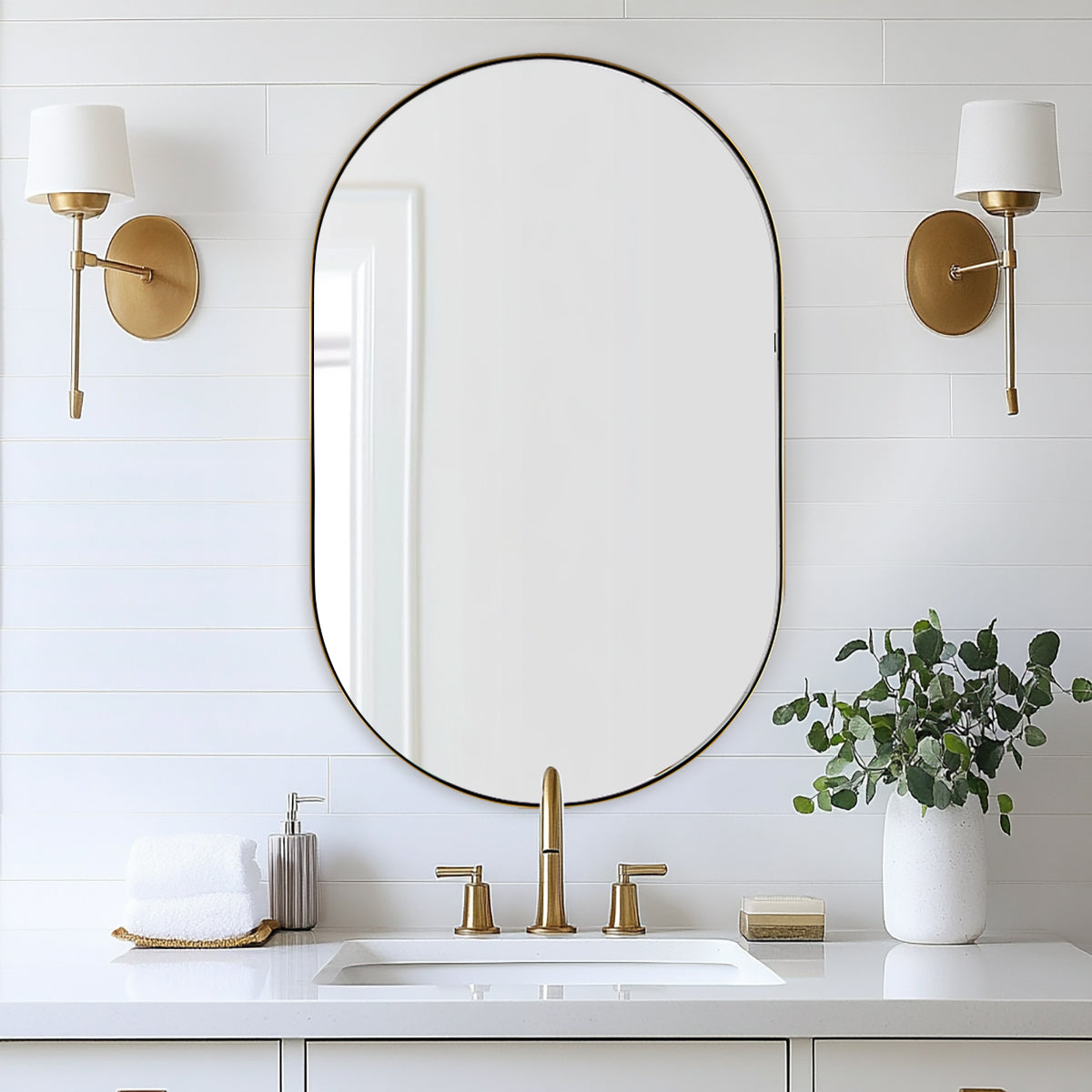 Modern Pill Shaped Capsule Wall Mirrors Long Oval Bathroom Vanity Mirror | Stainless Steel Frame