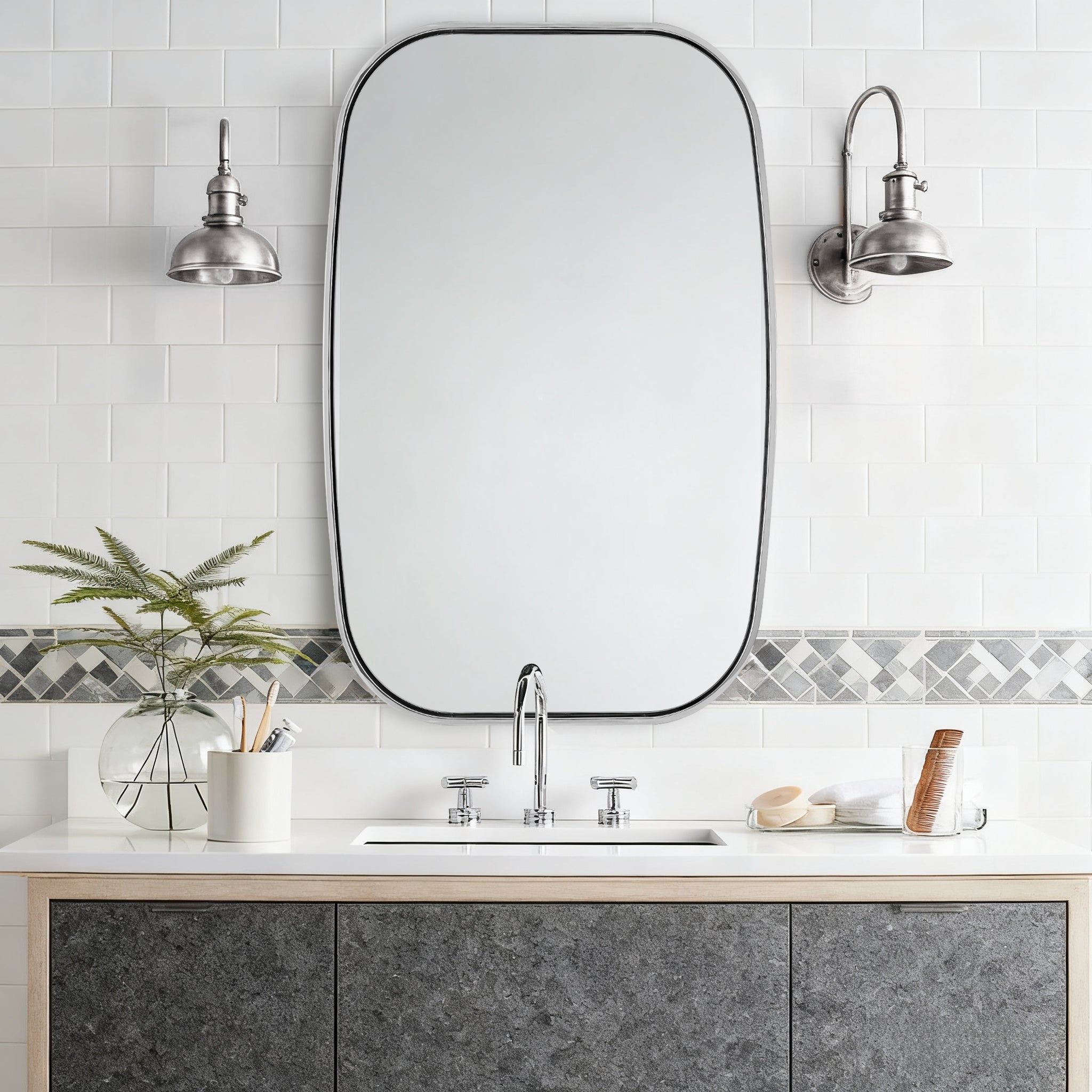 Contemporary Long Oval Oblong Bathroom Mirror | Stainless Steel Frame