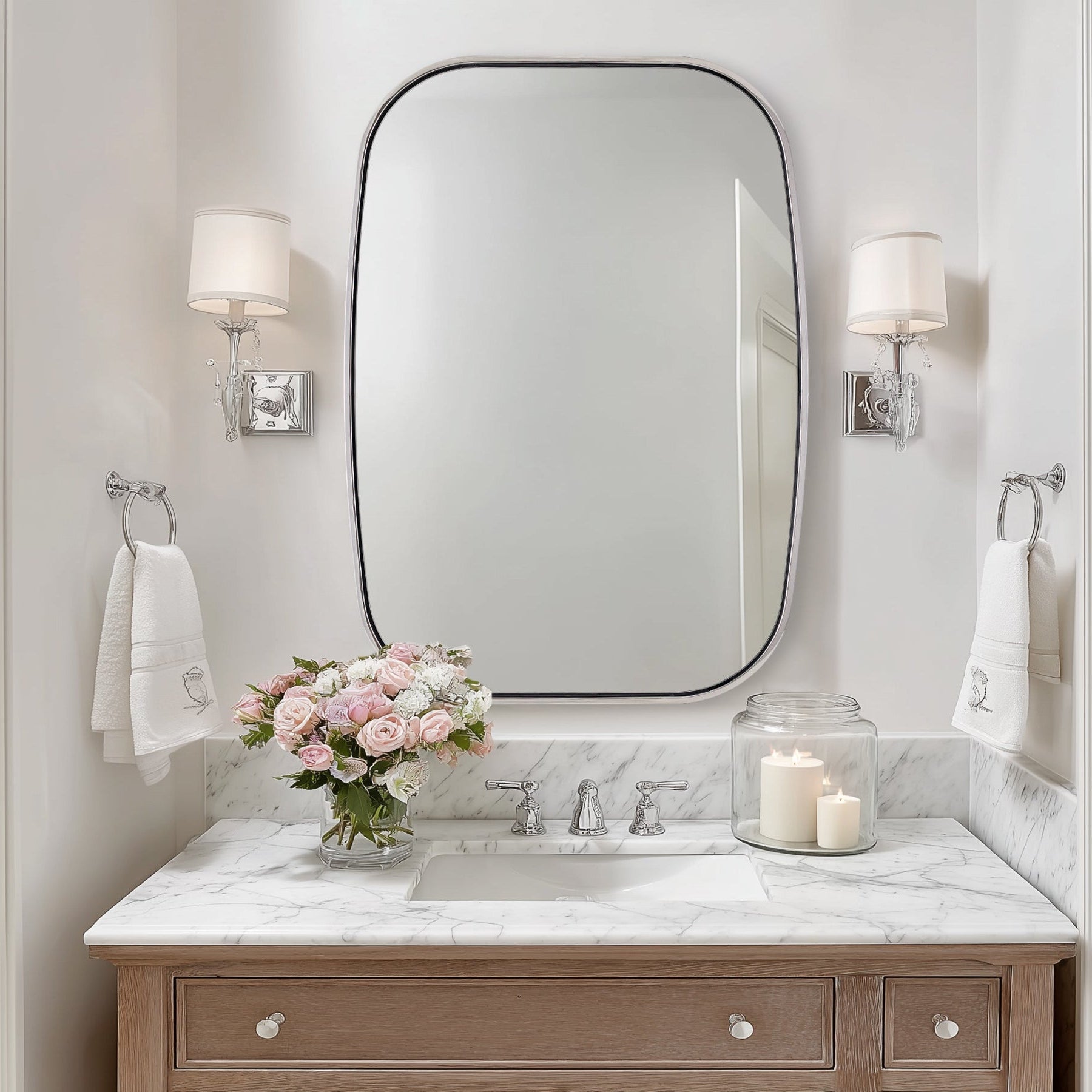 Contemporary Long Oval Oblong Bathroom Mirror | Stainless Steel Frame