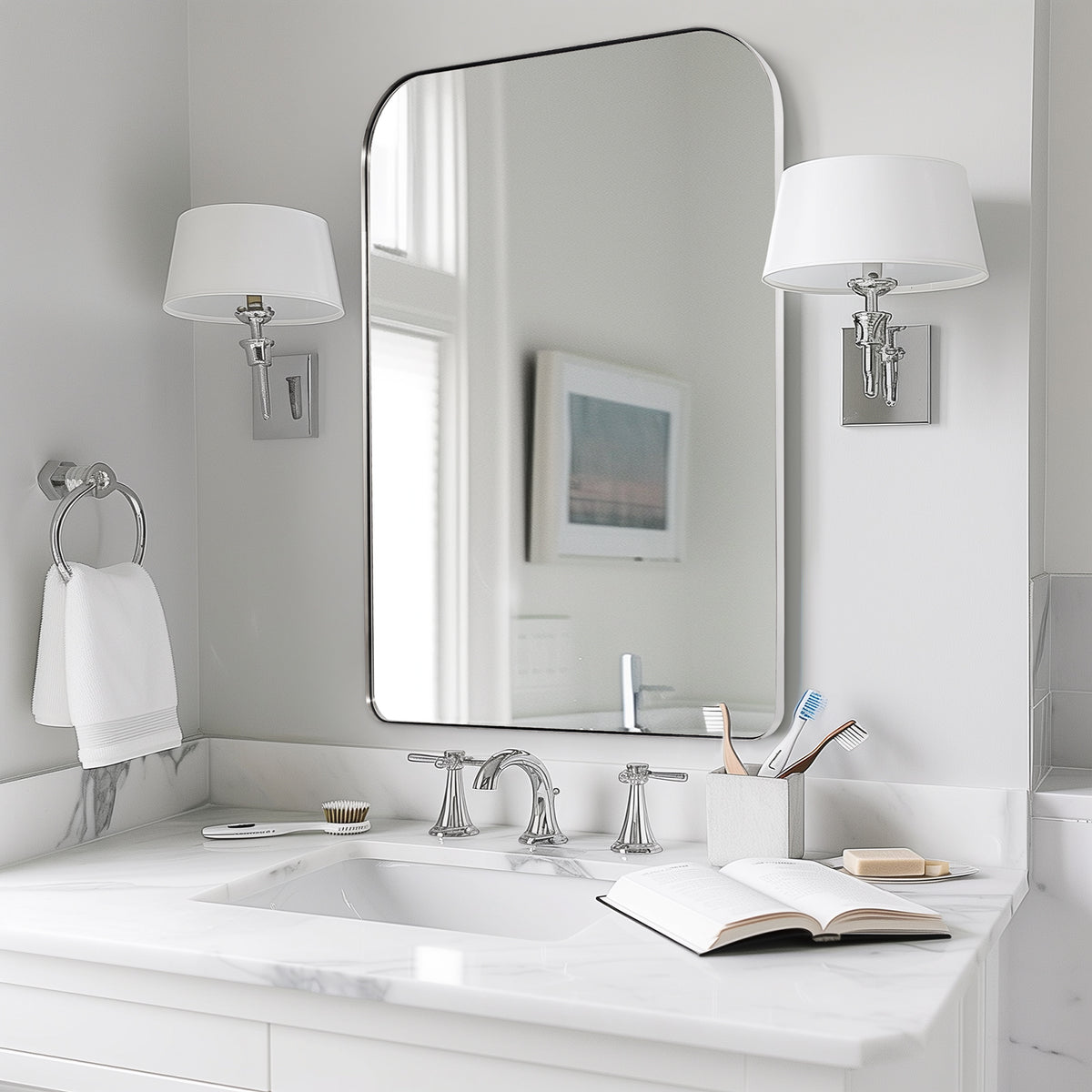 Modern Mantel Wide Arch Rectangle Bathroom Vanity Mirror | Stainless Steel Frame