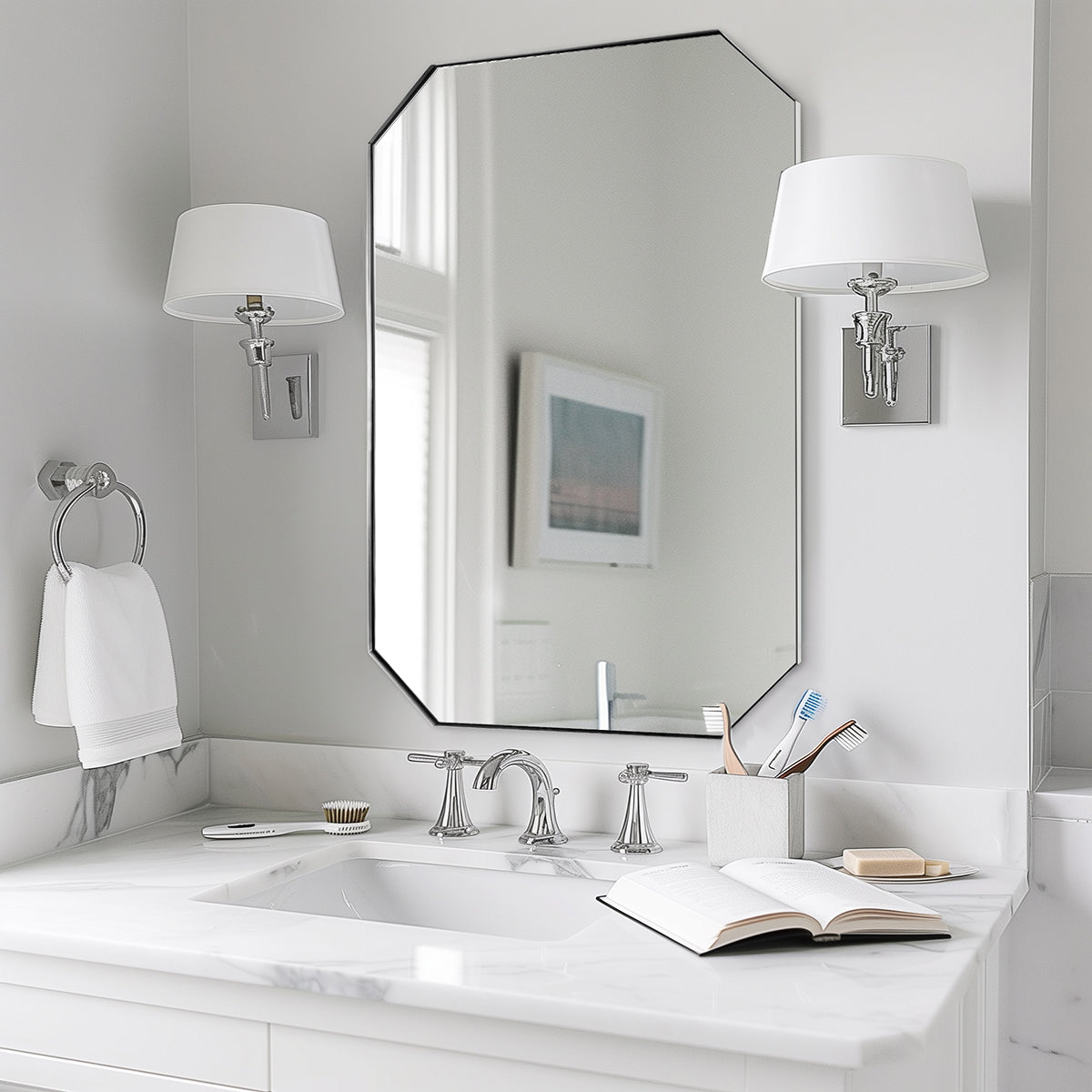 Contemporary Cut Corner Octagonal Scalloped Rectangle Mirror for Bathroom |Stainless Steel Frame