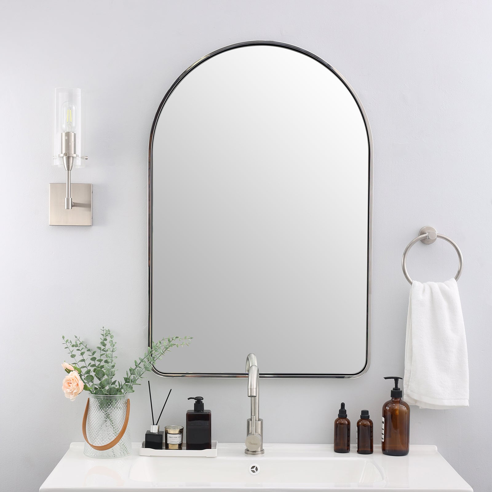 Contemporary Bold Stainless Steel Framed Arched Wall Mirrors for Bathroom, Living Room, Entry
