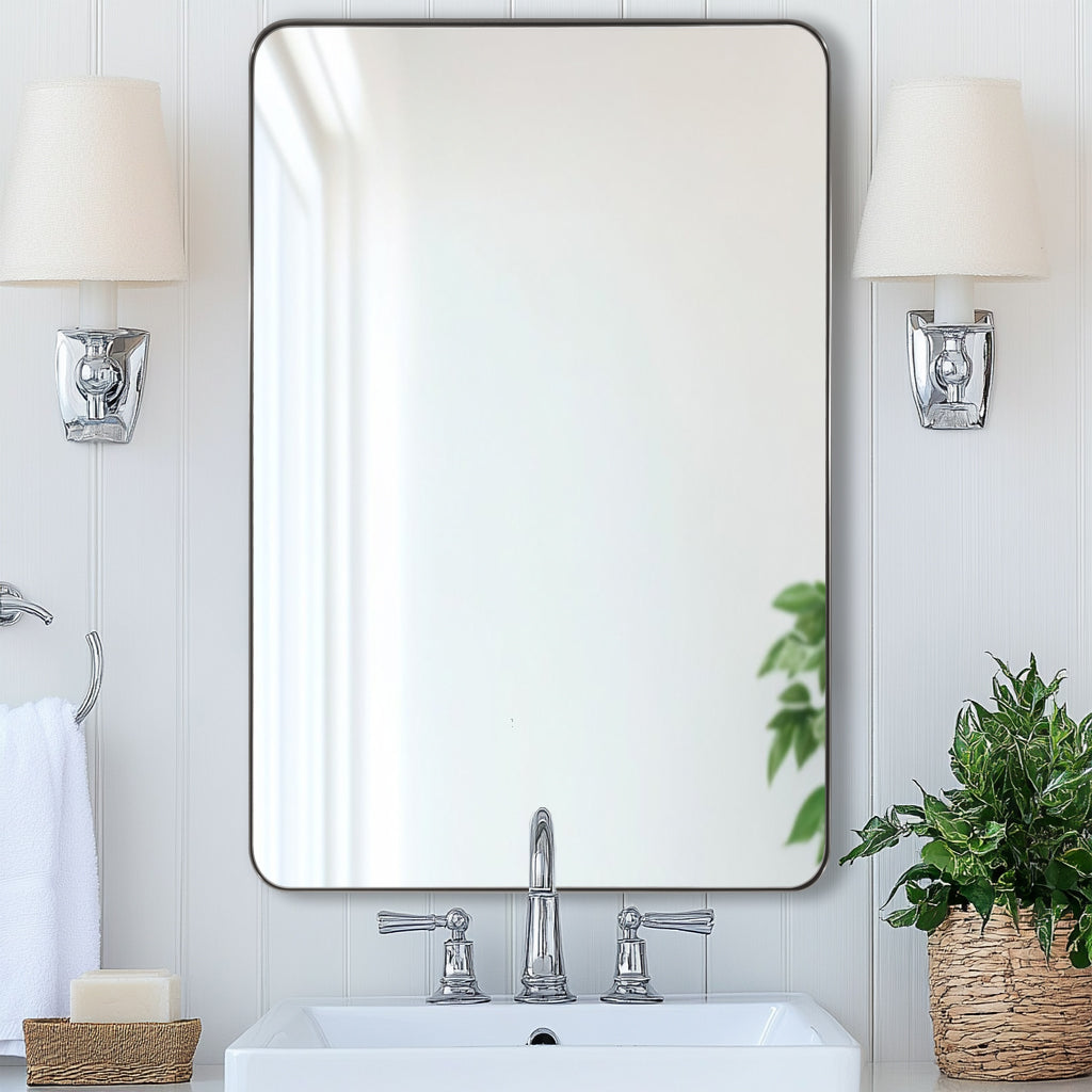 Open Box Like New : Modern Rounded Rectangle Mirror for Bathroom/ Vanity/ Wall | Stainless Steel Frame