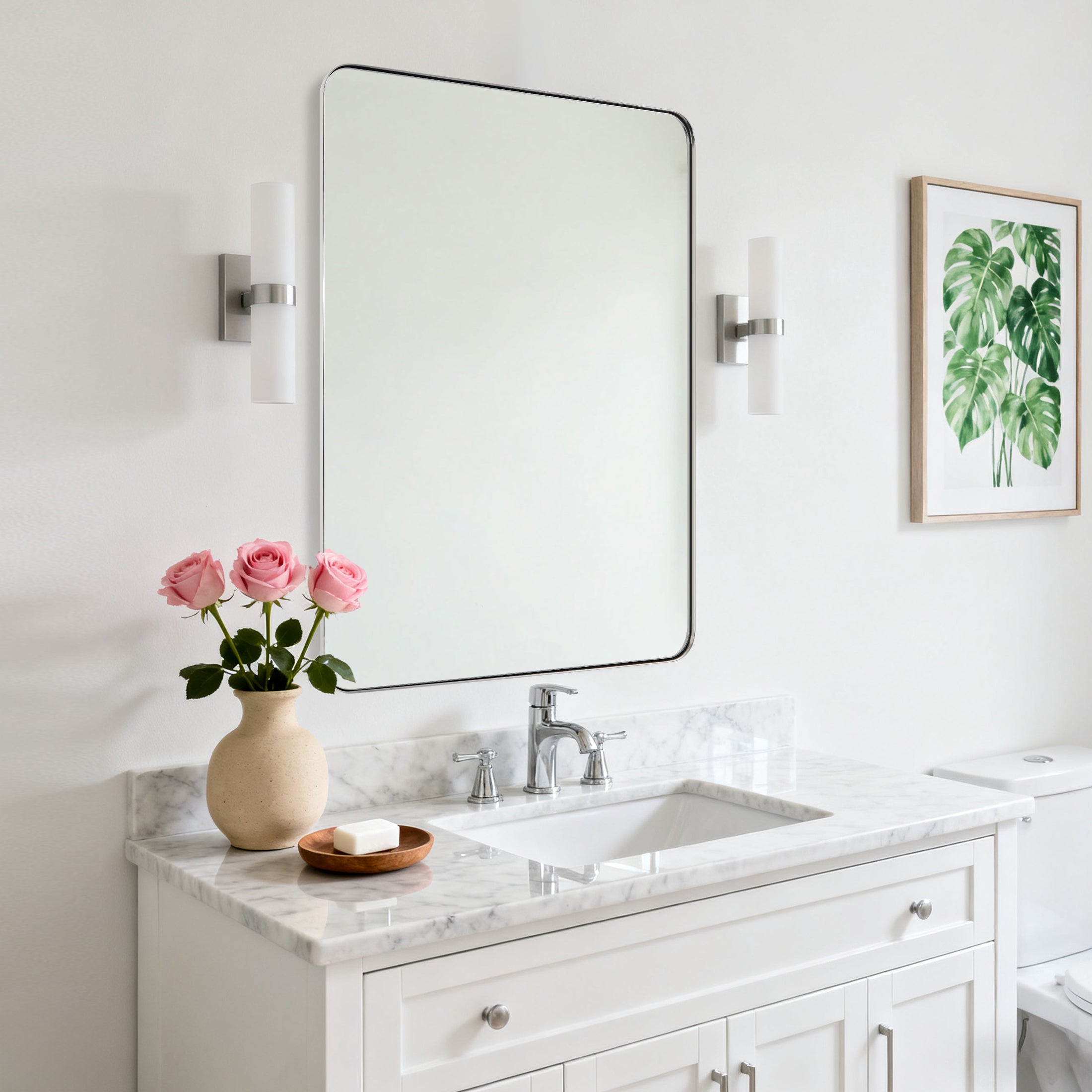 Modern Rounded Rectangle Mirror for Bathroom/ Vanity/ Wall | Stainless Steel Frame