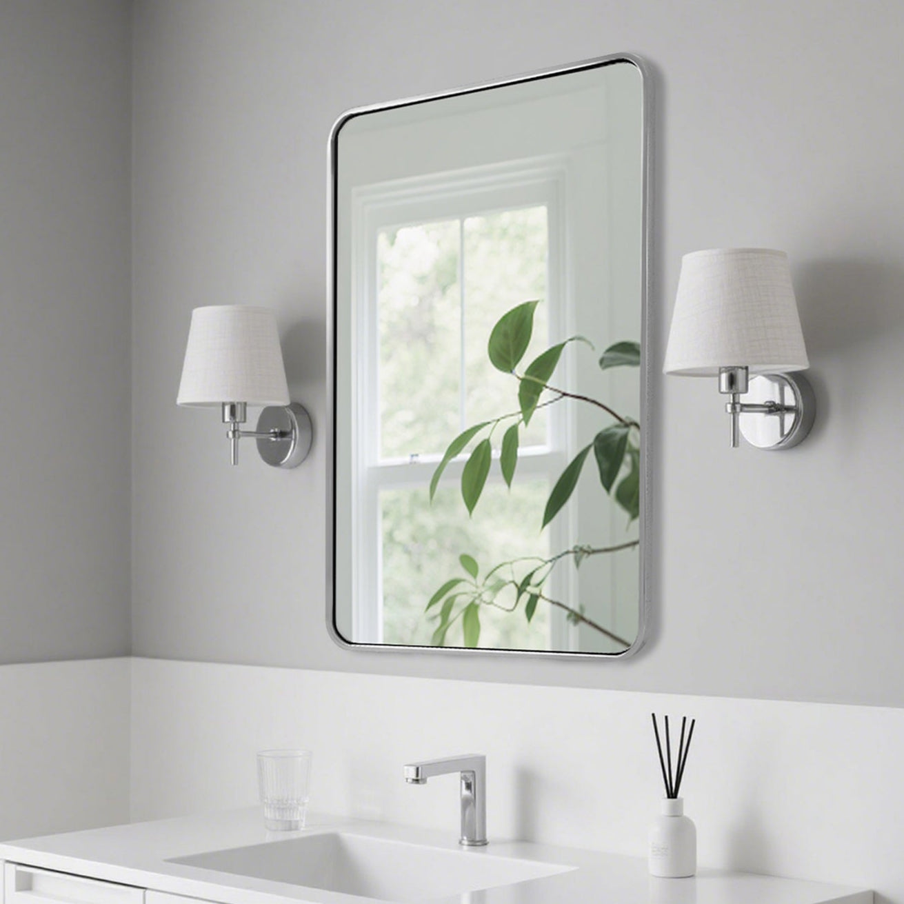 Modern Bold Stainless Steel Framed Rounded Rectangular Bathroom Wall Mirror