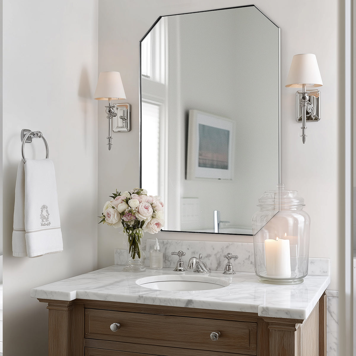 Contemporary Cut Corner Octagonal Scalloped Rectangle Mirror for Bathroom |Stainless Steel Frame