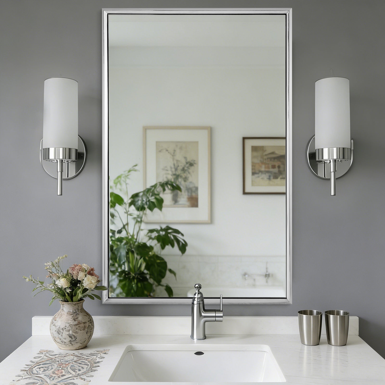 Luxury Beveled Stainless Steel Framed Rectangular Bathroom Vanity Mirror