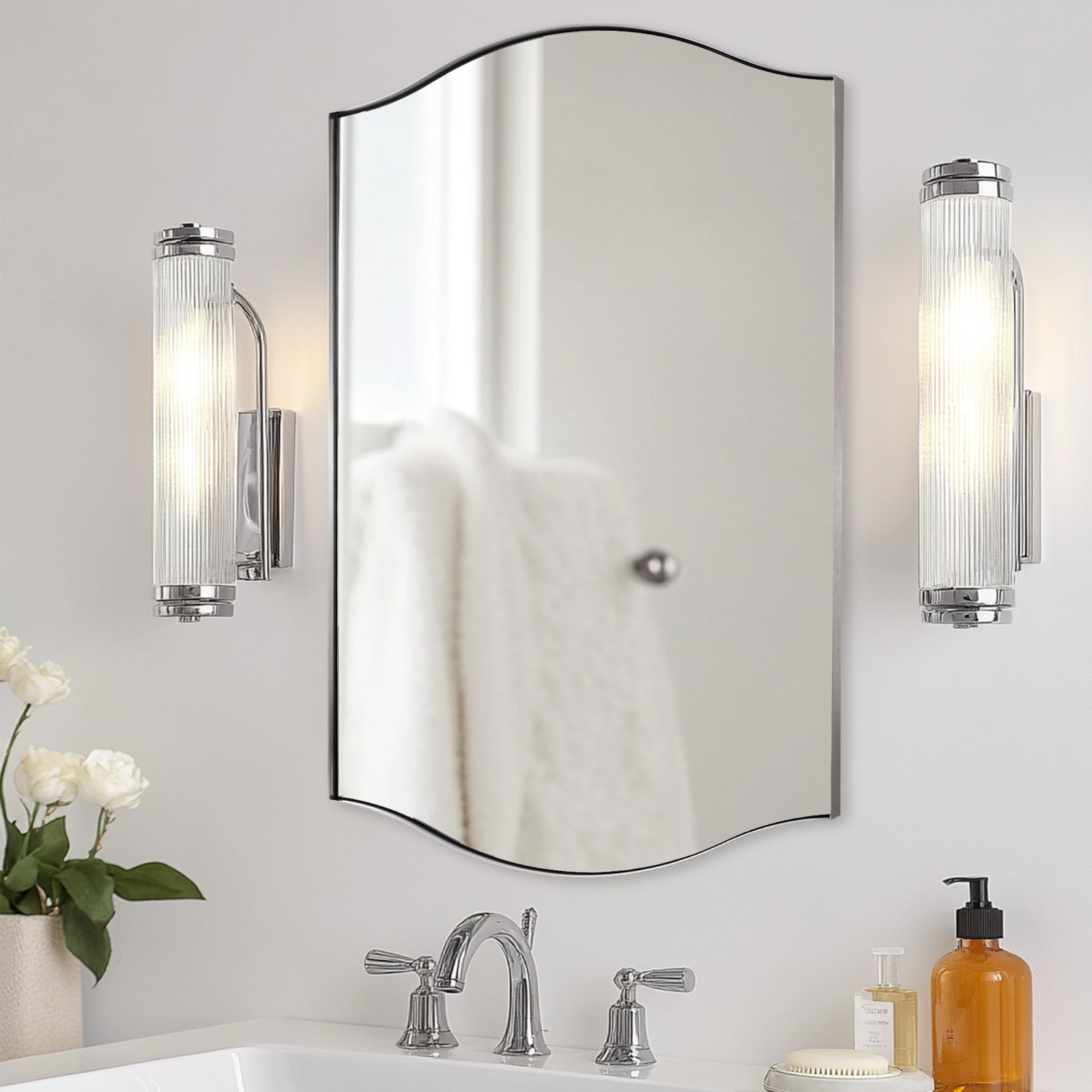 Dual Curve Arch Rectangular Scalloped Bathroom Wall Mirror |Stainless Steel Framed