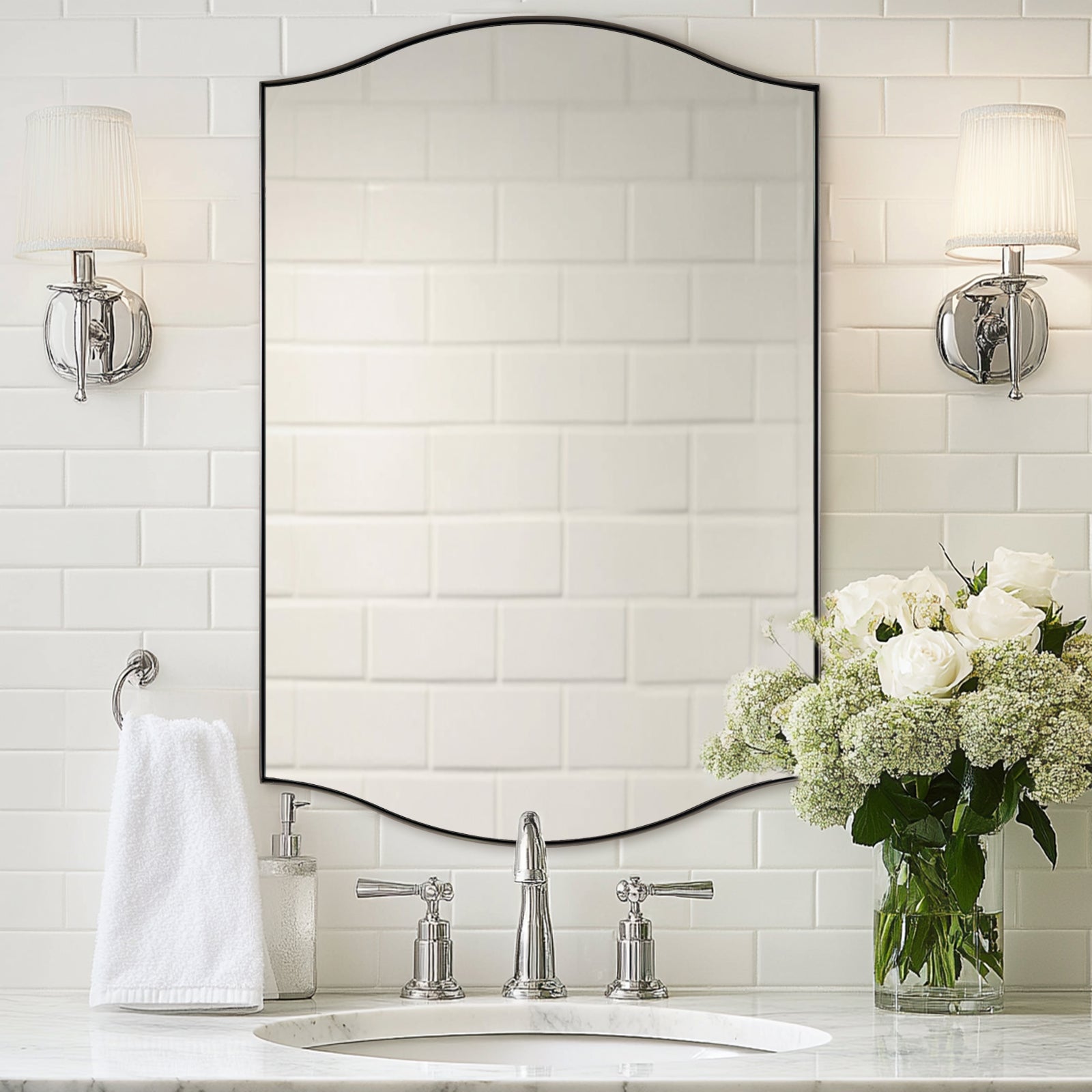 Dual Curve Arch Rectangular Scalloped Bathroom Wall Mirror |Stainless Steel Framed