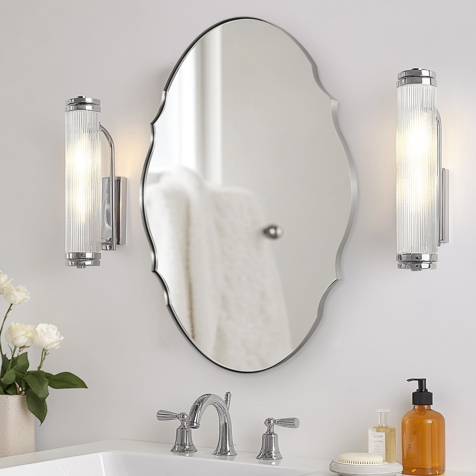 Contemporary Oval Scalloped Wall Mirror Irregular Bathroom Vanity Mirror| Stainless Steel Frame