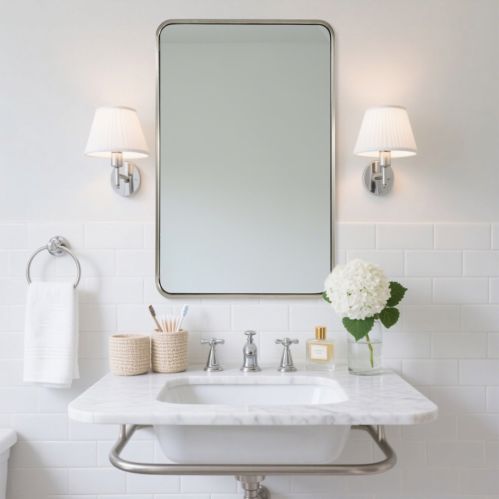 Modern Bold Stainless Steel Framed Rounded Rectangular Bathroom Wall Mirror