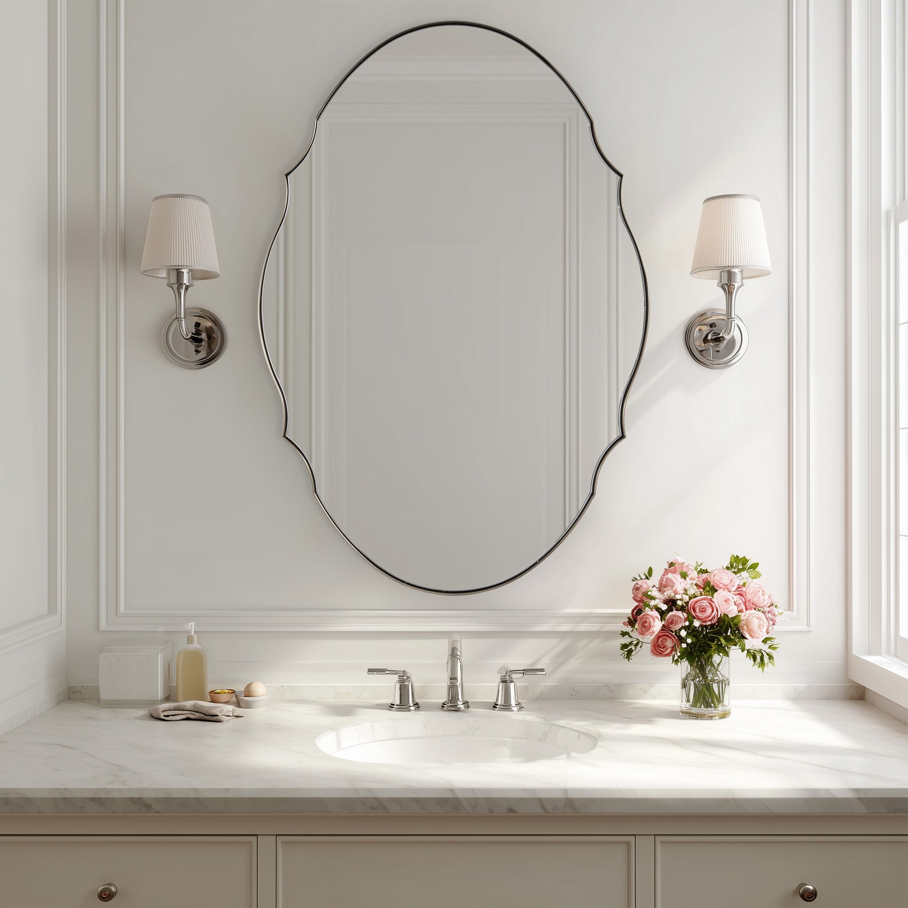 Contemporary Oval Scalloped Wall Mirror Irregular Bathroom Vanity Mirror| Stainless Steel Frame