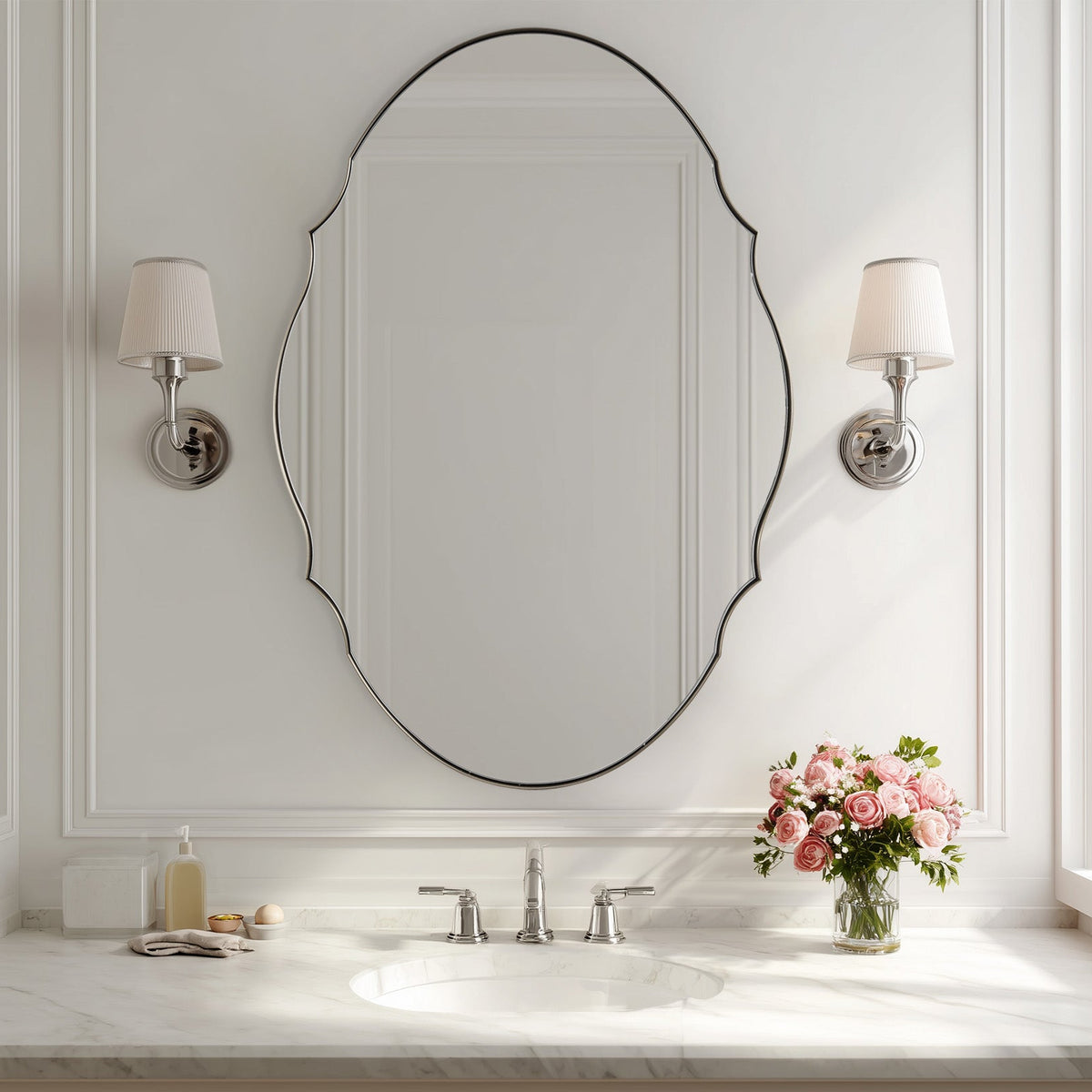 Contemporary Oval Scalloped Wall Mirror Irregular Bathroom Vanity Mirror| Stainless Steel Frame