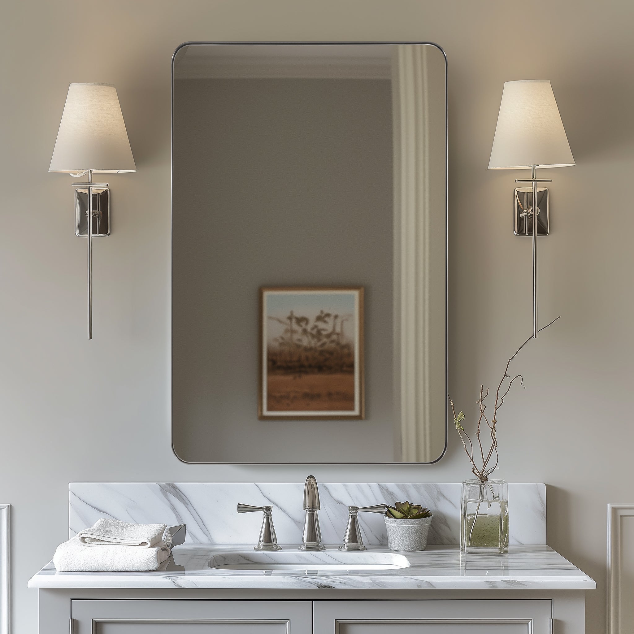 Open Box Like New : Modern Rounded Rectangle Mirror for Bathroom/ Vanity/ Wall | Stainless Steel Frame