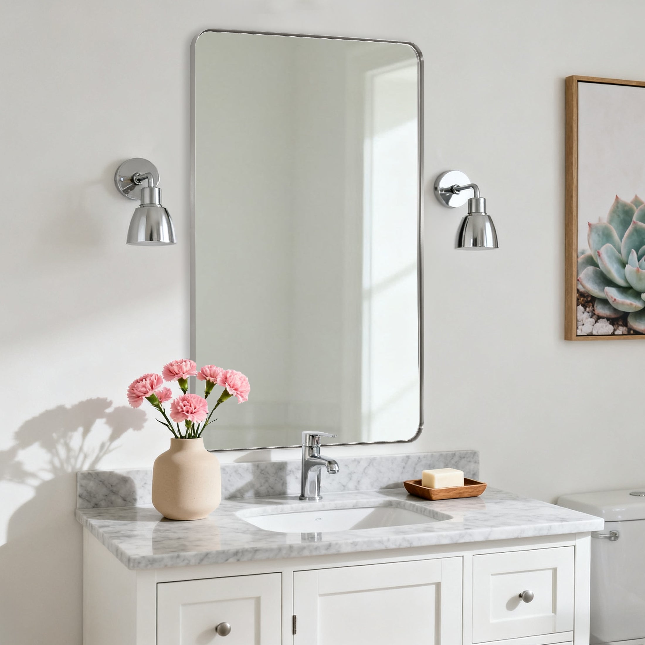 Open Box Like New : Modern Rounded Rectangle Mirror for Bathroom/ Vanity/ Wall | Stainless Steel Frame
