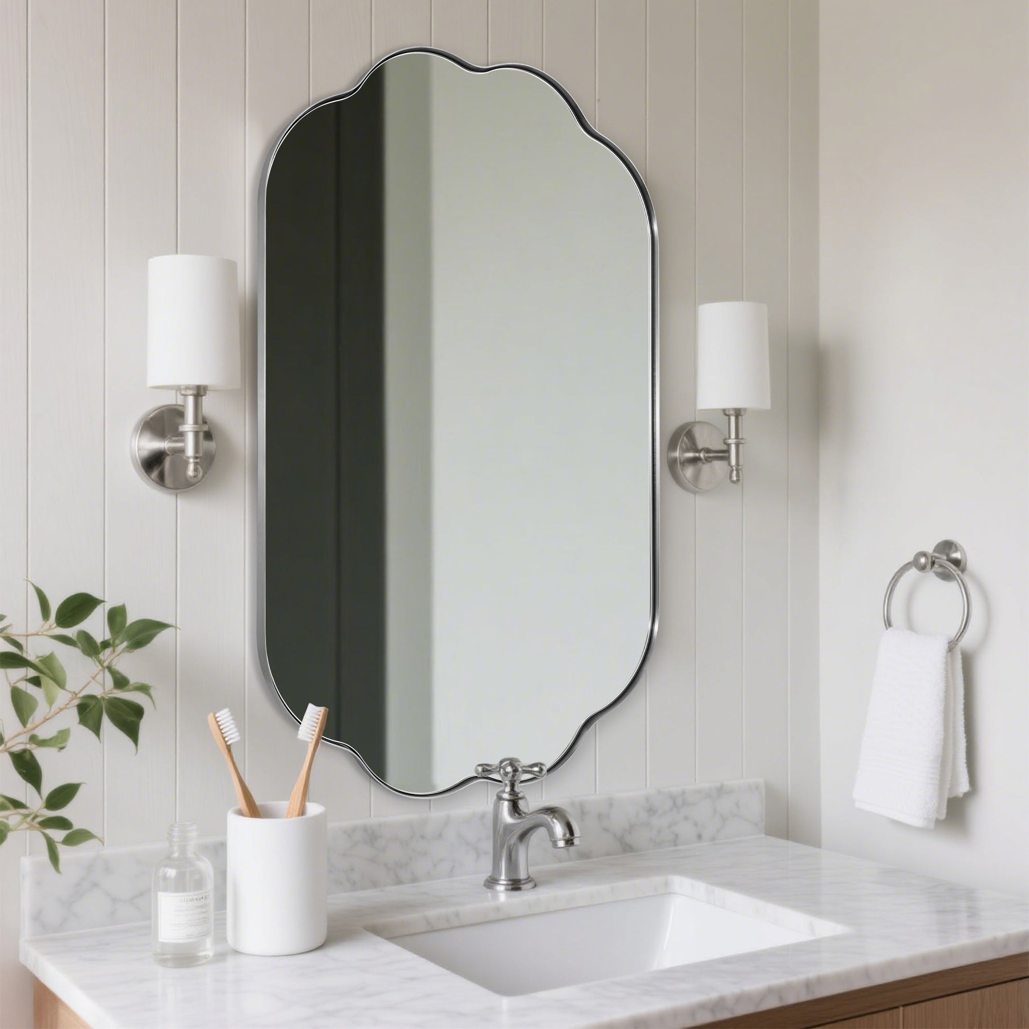 Contemporary Pill Shaped Long Oval Scalloped Bathroom Vanity Wall Mirror| Stainless Steel Framed