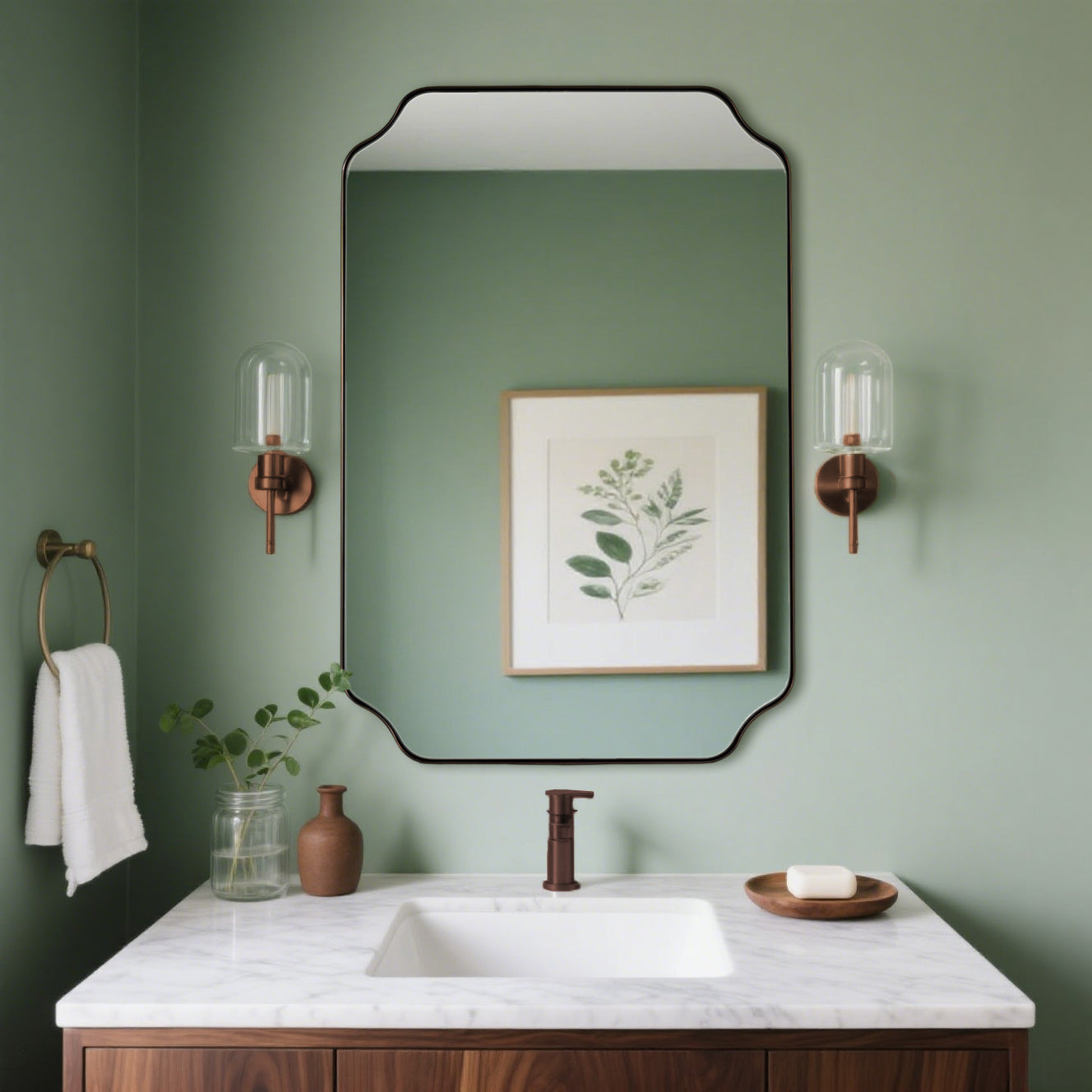 Contemporary Notched Corner Rectangle Scalloped Mirror for Wall /Bathroom | Stainless Steel Frame