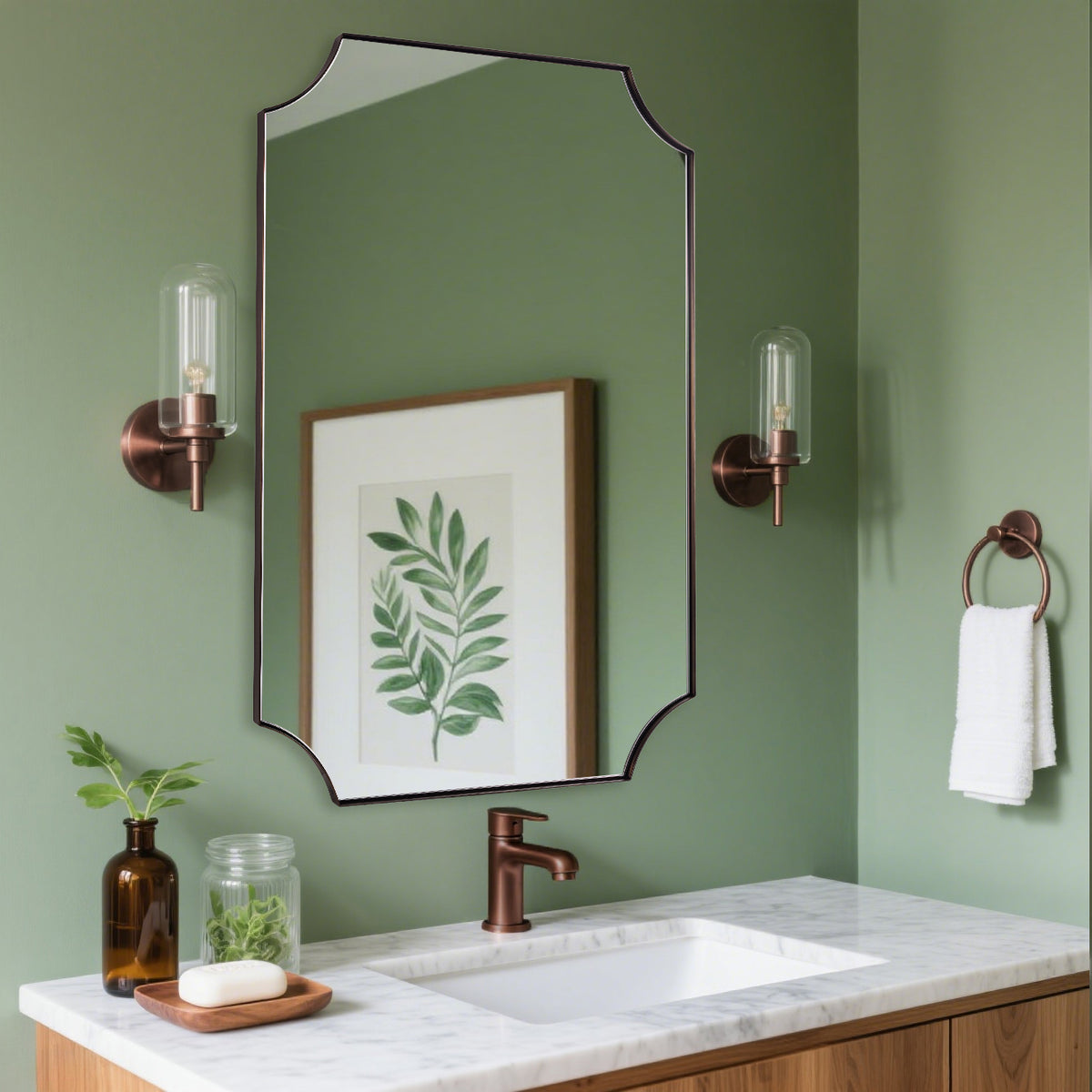 Modern Cut Corner Scalloped Rectangle Bathroom Vanity Mirror | Stainless Steel Frame