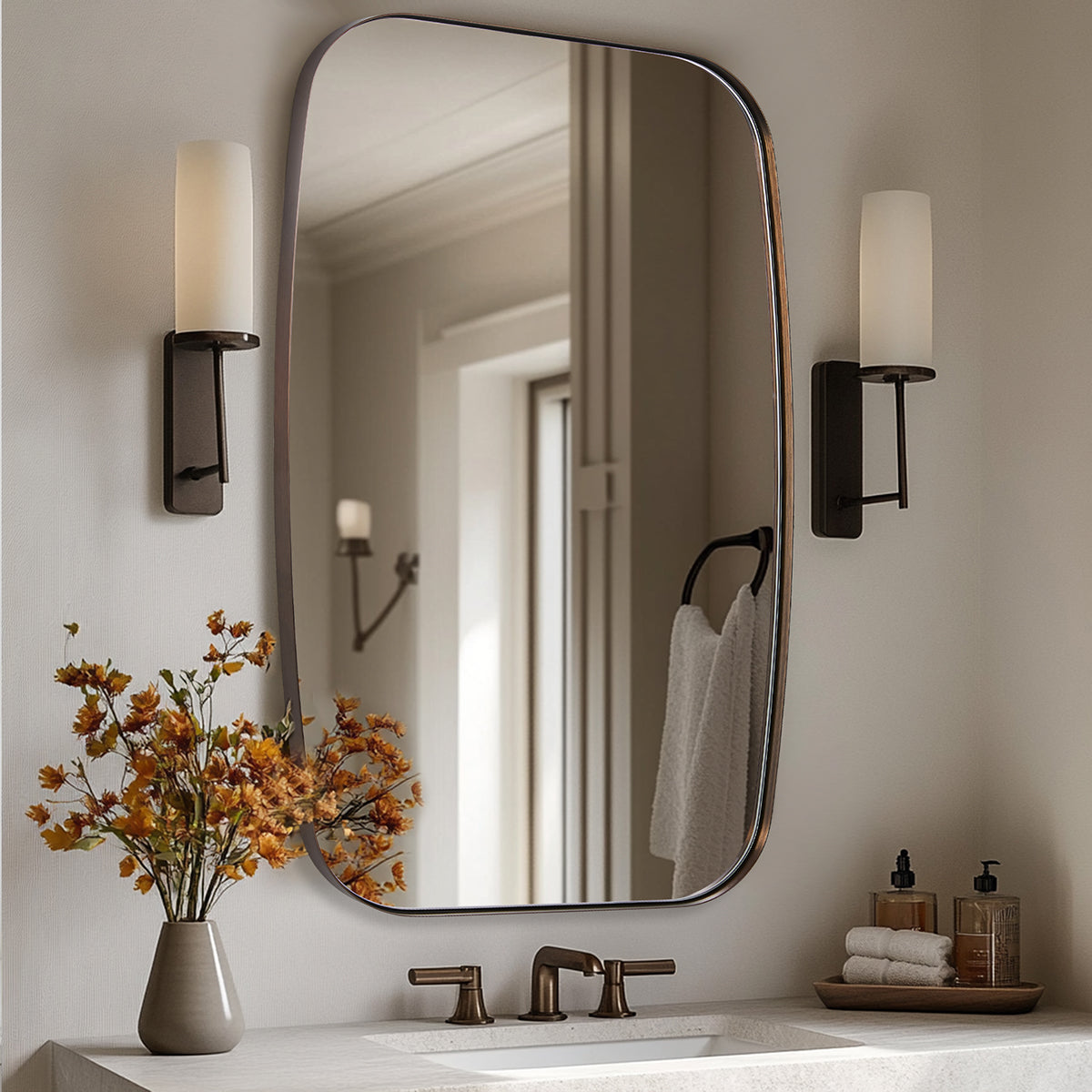 Modern Oblong Bathroom Mirror Long Oval Mirror | Stainless Steel Frame