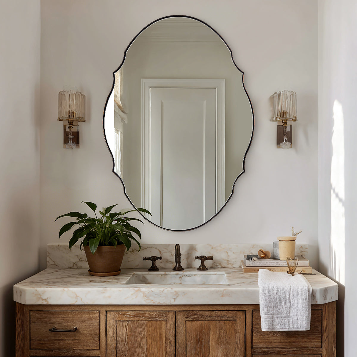 Contemporary Oval Scalloped Wall Mirror Irregular Bathroom Vanity Mirror| Stainless Steel Frame