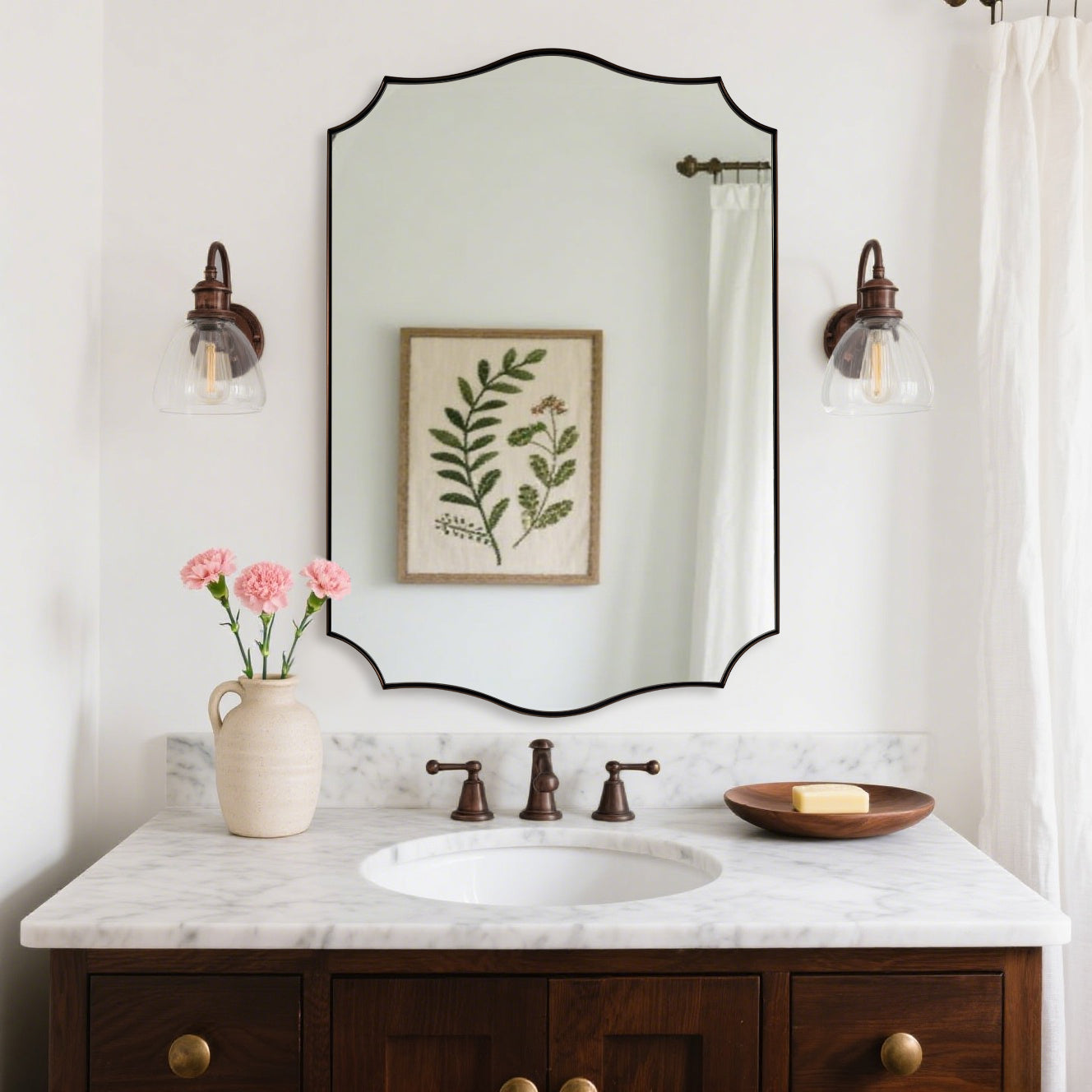 Traditional Rectangle Scalloped Wall Mirror for Bathroom | Stainless Steel Frame