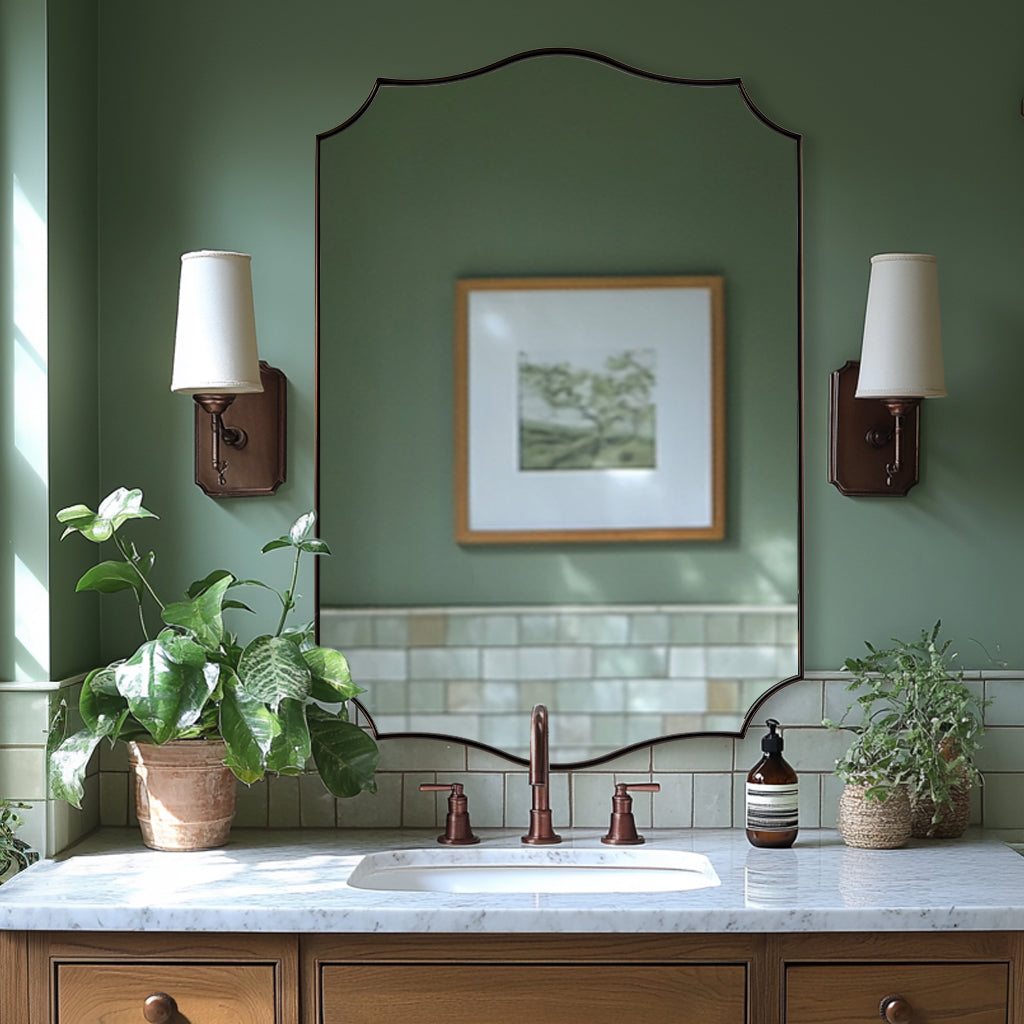 Traditional Rectangle Scalloped Wall Mirror for Bathroom | Stainless Steel Frame