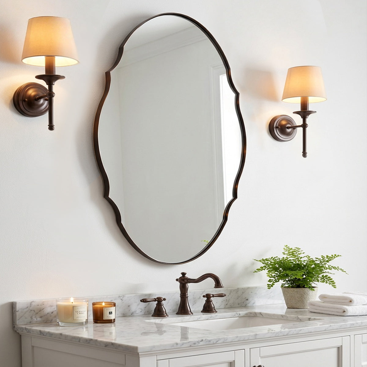 Contemporary Oval Scalloped Wall Mirror Irregular Bathroom Vanity Mirror| Stainless Steel Frame