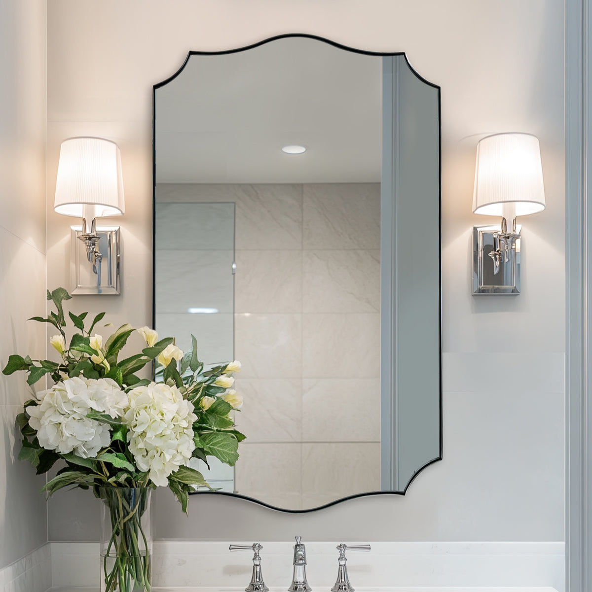 Traditional Rectangle Scalloped Wall Mirror for Bathroom | Stainless Steel Frame