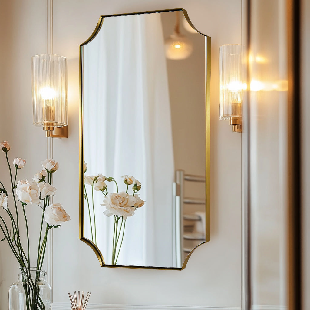 Contemporary Notched Corner Scalloped Rectangle Bathroom Vanity Mirror | Stainless Steel Frame