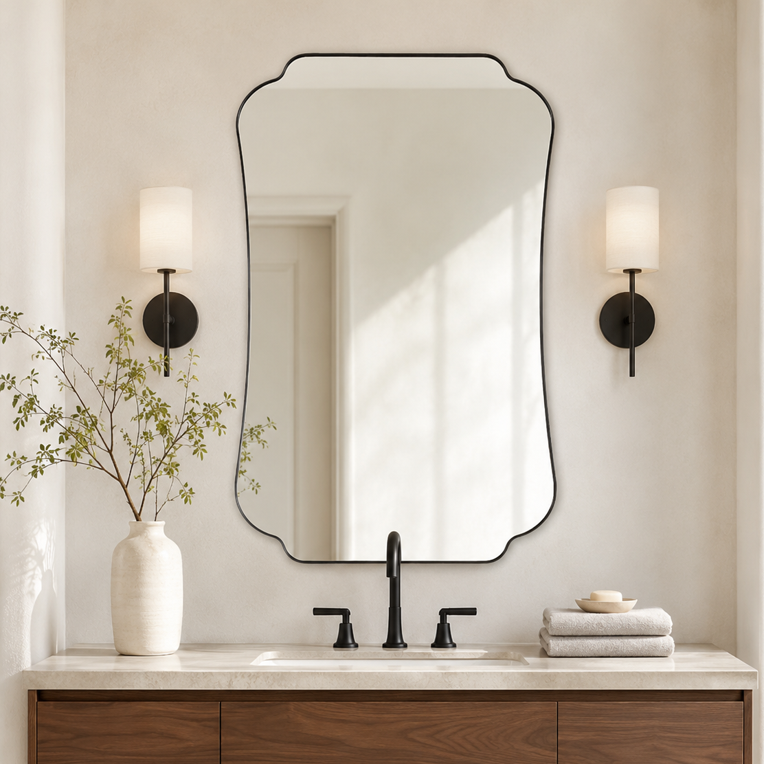 Contemporary Cut Corner Concave Edge Scalloped Bathroom Mirror | Stainless Steel Frame