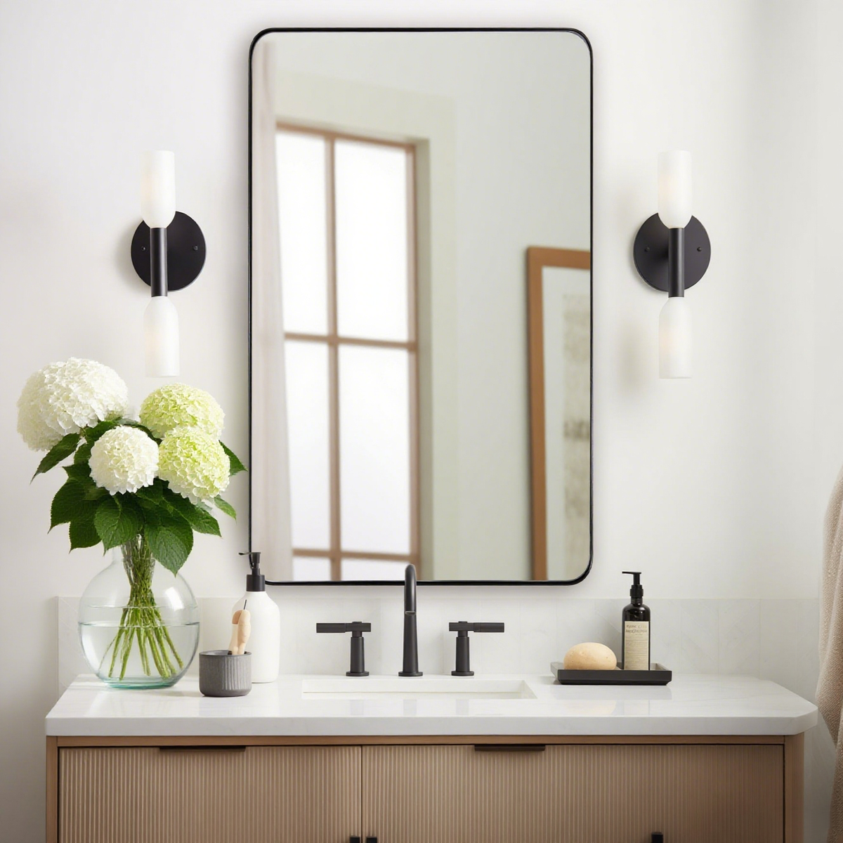 Open Box Like New : Modern Rounded Rectangle Mirror for Bathroom/ Vanity/ Wall | Stainless Steel Frame
