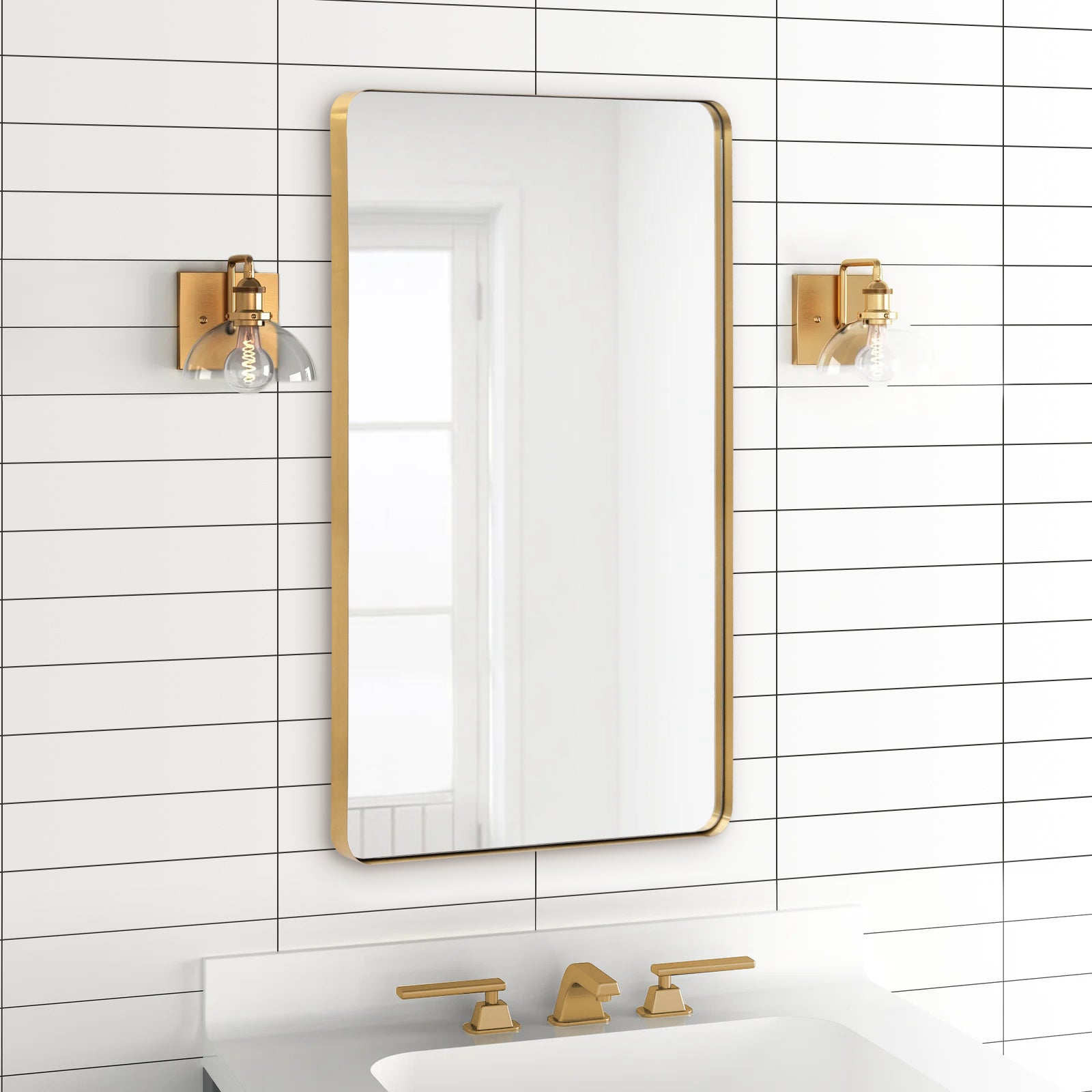 Open Box Like New : Modern Rounded Rectangle Mirror for Bathroom/ Vanity/ Wall | Stainless Steel Frame