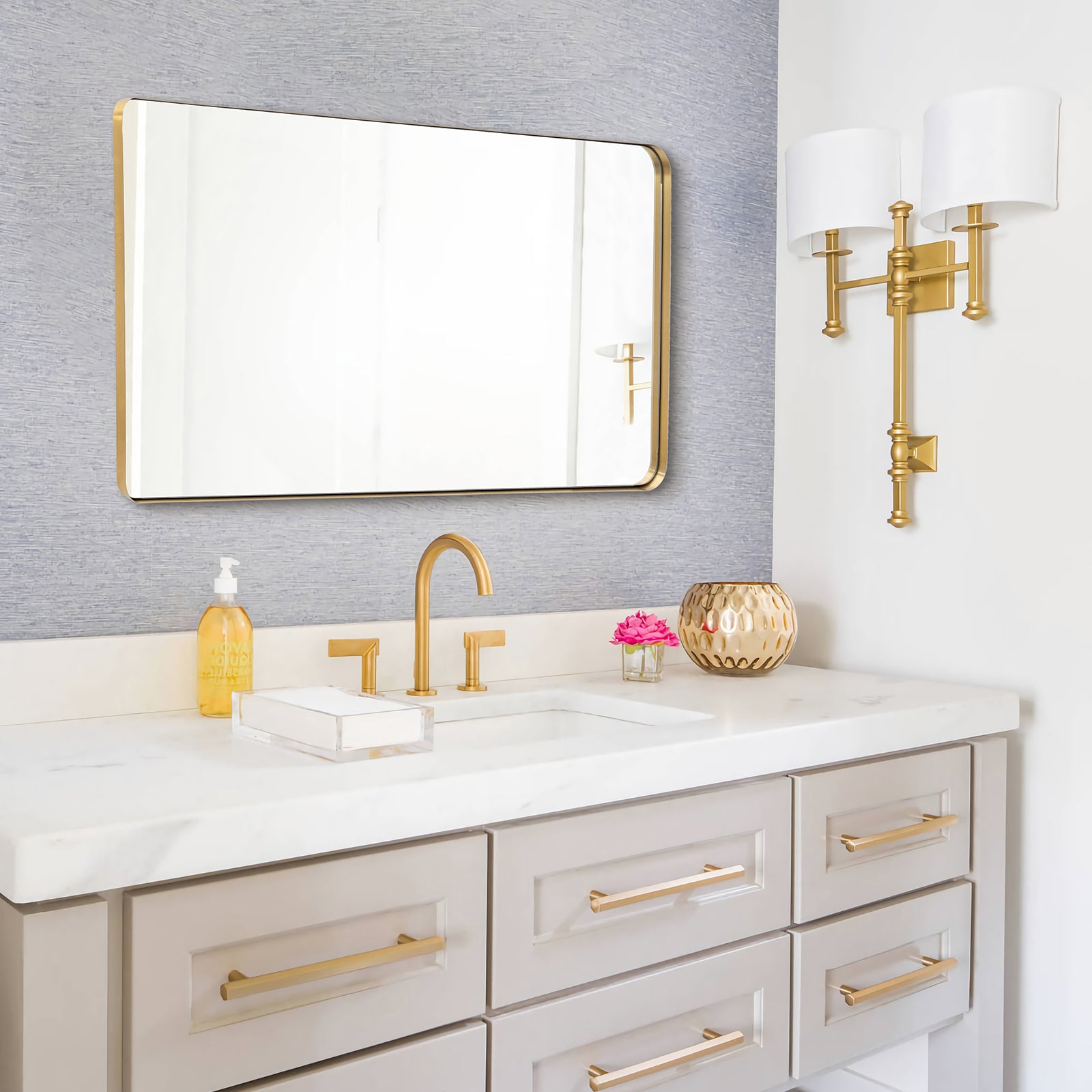 Modern Brushed Gold Rectangle Bathroom/ Vanity Mirrors with Stainless Steel Frame