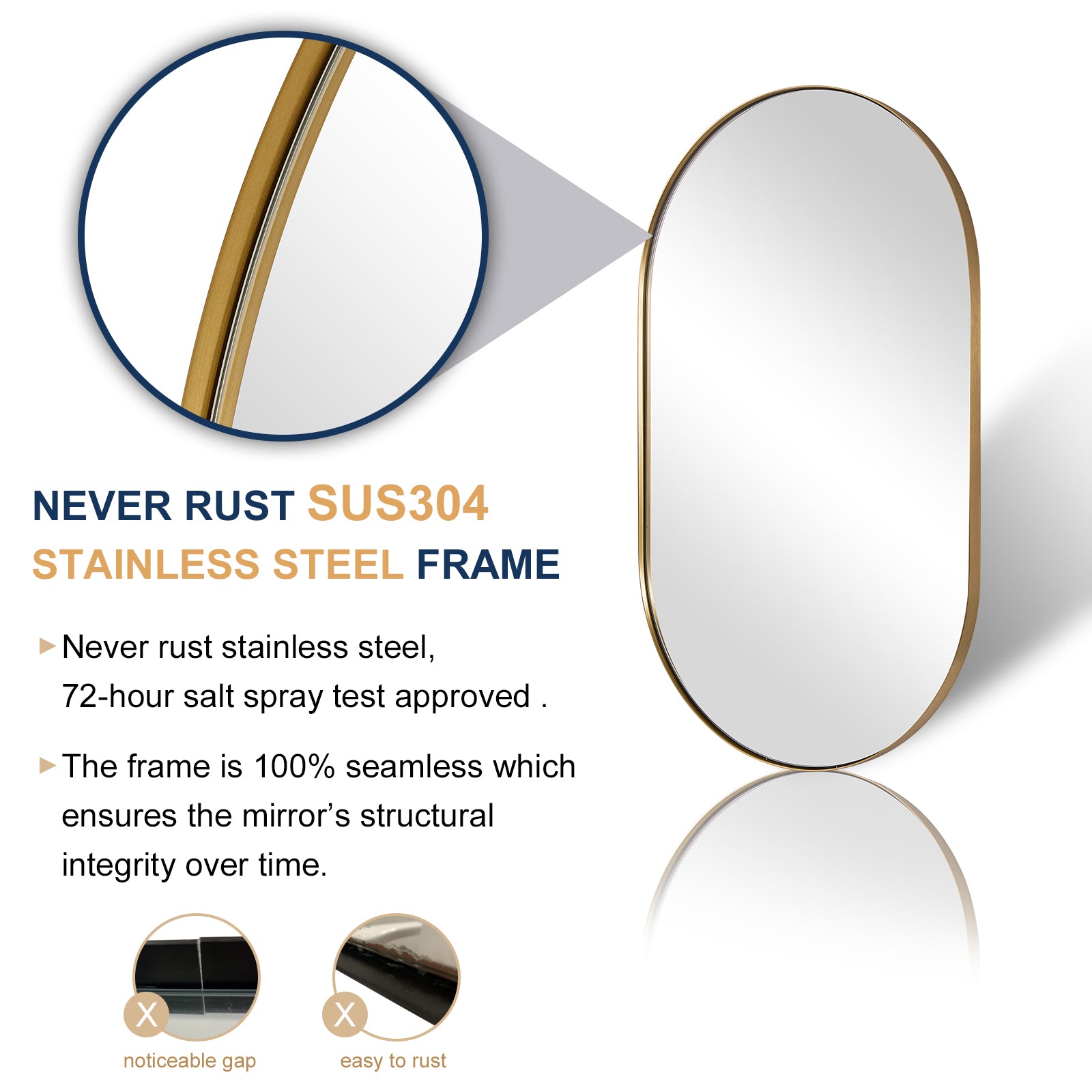 Modern Pill Shaped Capsule Wall Mirrors Long Oval Bathroom Vanity Mirror | Stainless Steel Frame
