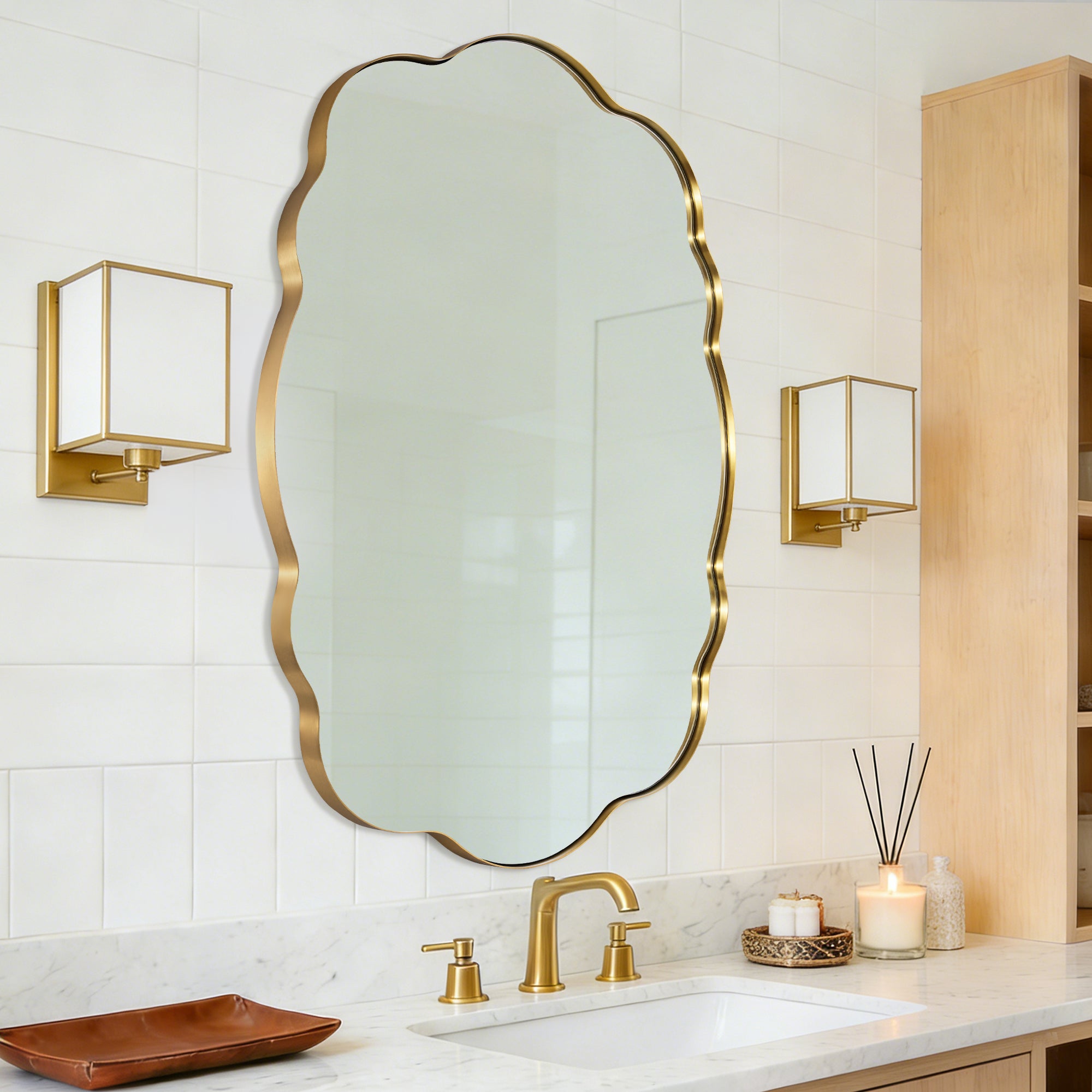 Contemporary Wavy Oval Scalloped Bathroom Vanity Mirror Irregular Organic Mirror| Stainless Steel Framed