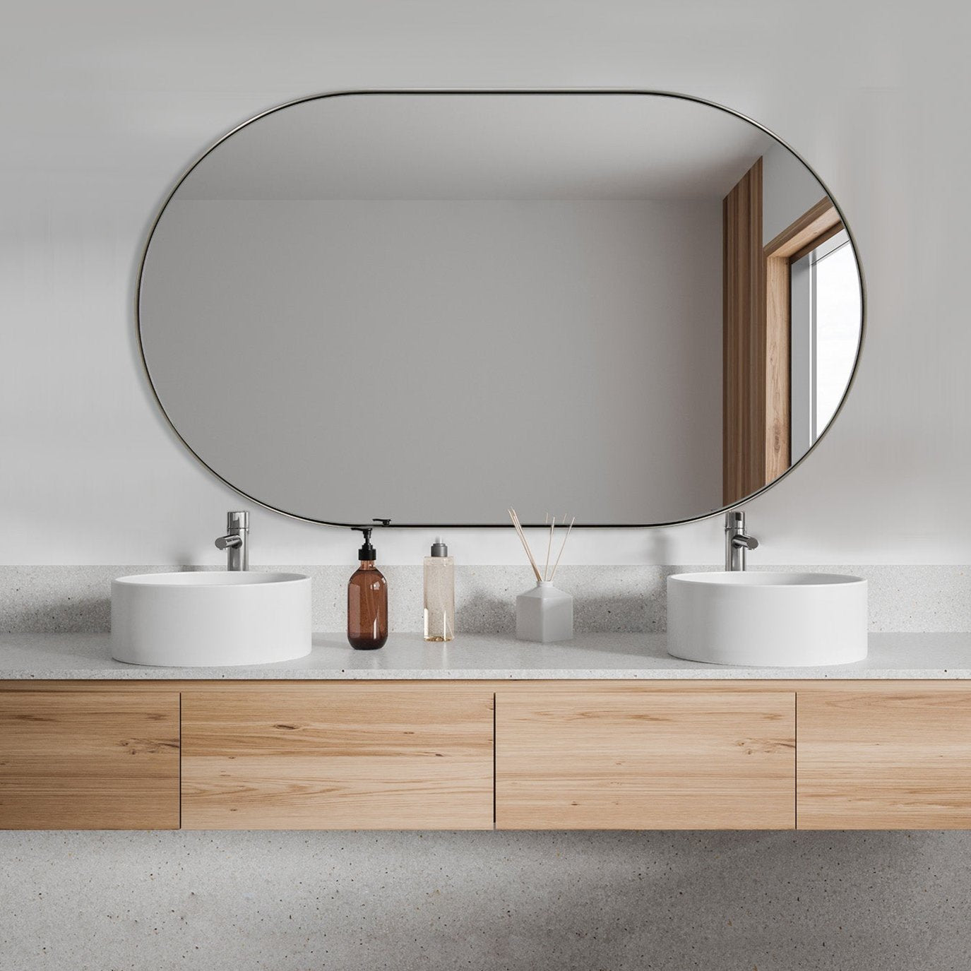 Modern Pill Shaped Capsule Wall Mirrors Long Oval Bathroom Vanity Mirror | Stainless Steel Frame